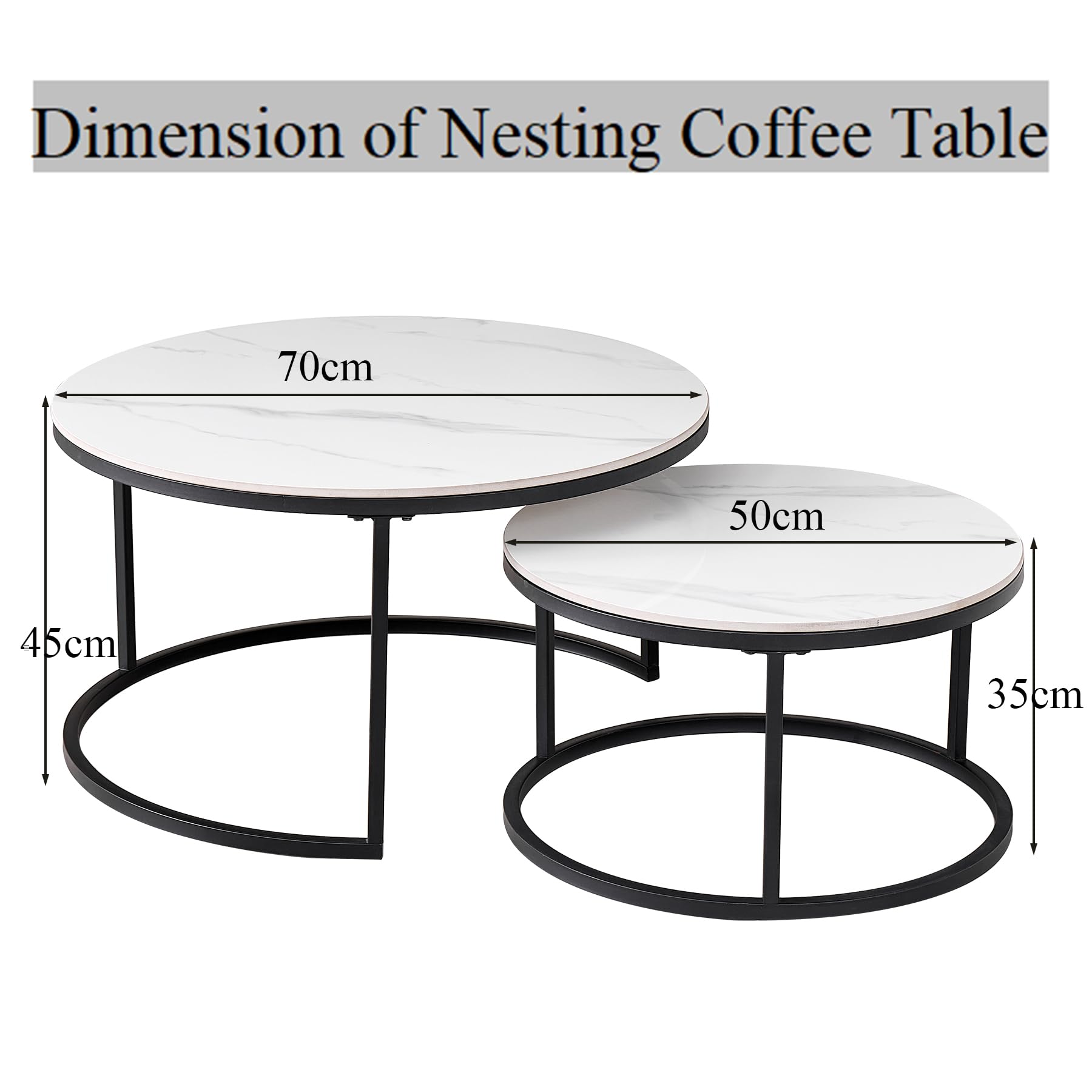 Lot de 2 Tables Basses Gigognes Ronde avec Plateau en Céramique Technique (Non en MDF),Tables D'Appoint Idéal pour Salon, Chambre, Balcon (Blanc+Noir), 50+70cm
