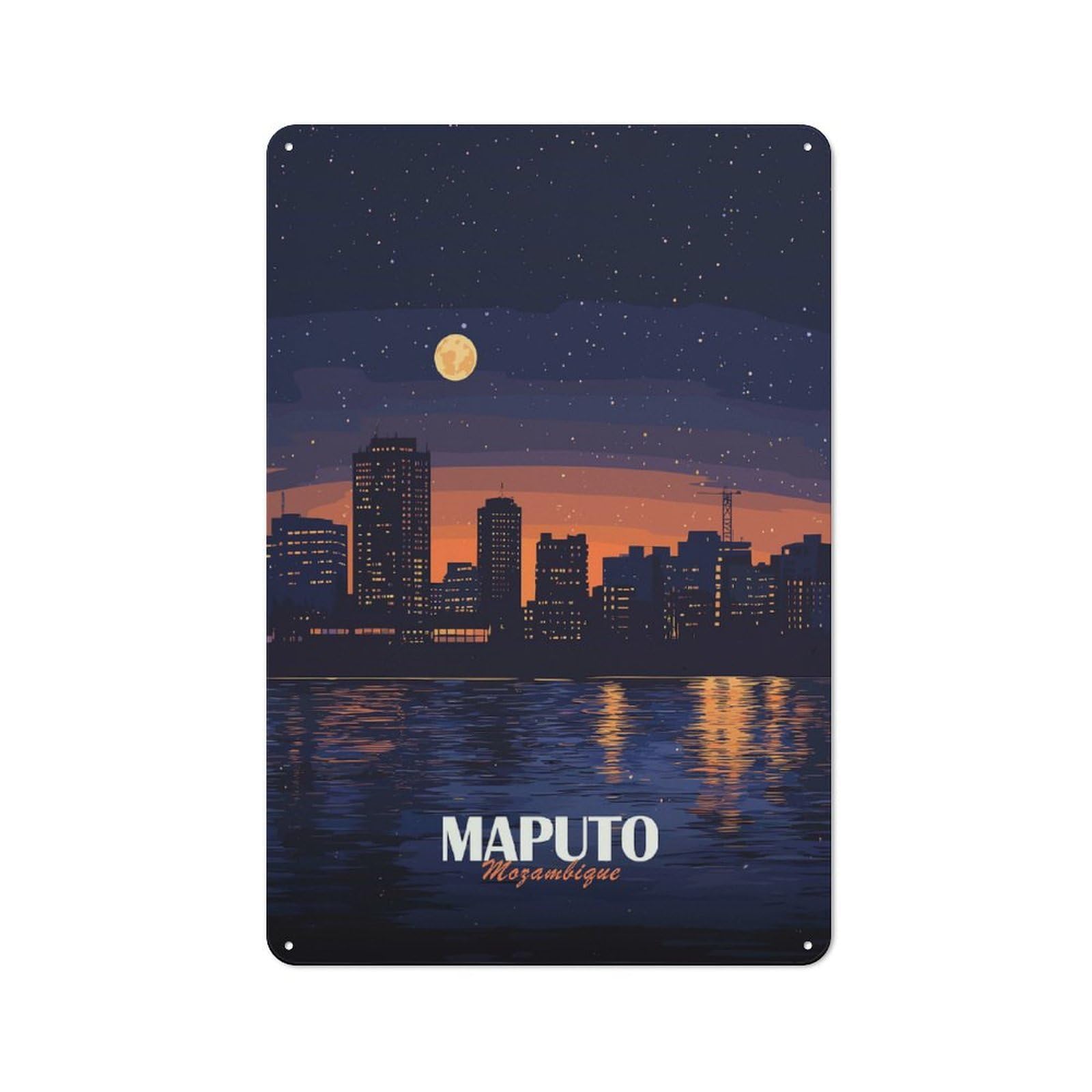 Junmoney Style-12 Vintage Tin Sign 30X20cm With Maputo, Mozambique Cityscape At Night For Man Cave Or Games Room, For Winter Room Styling In Man Cave And Games Room