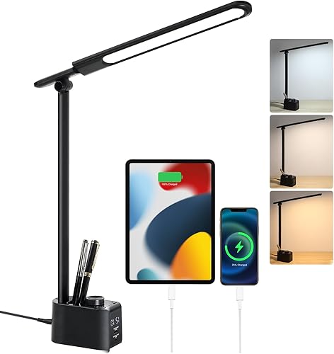 Lightess Lámpara de escritorio LED con 2 puertos de carga USB, 50 modos de iluminación, luz de escritorio regulable con soporte para bolígrafo y