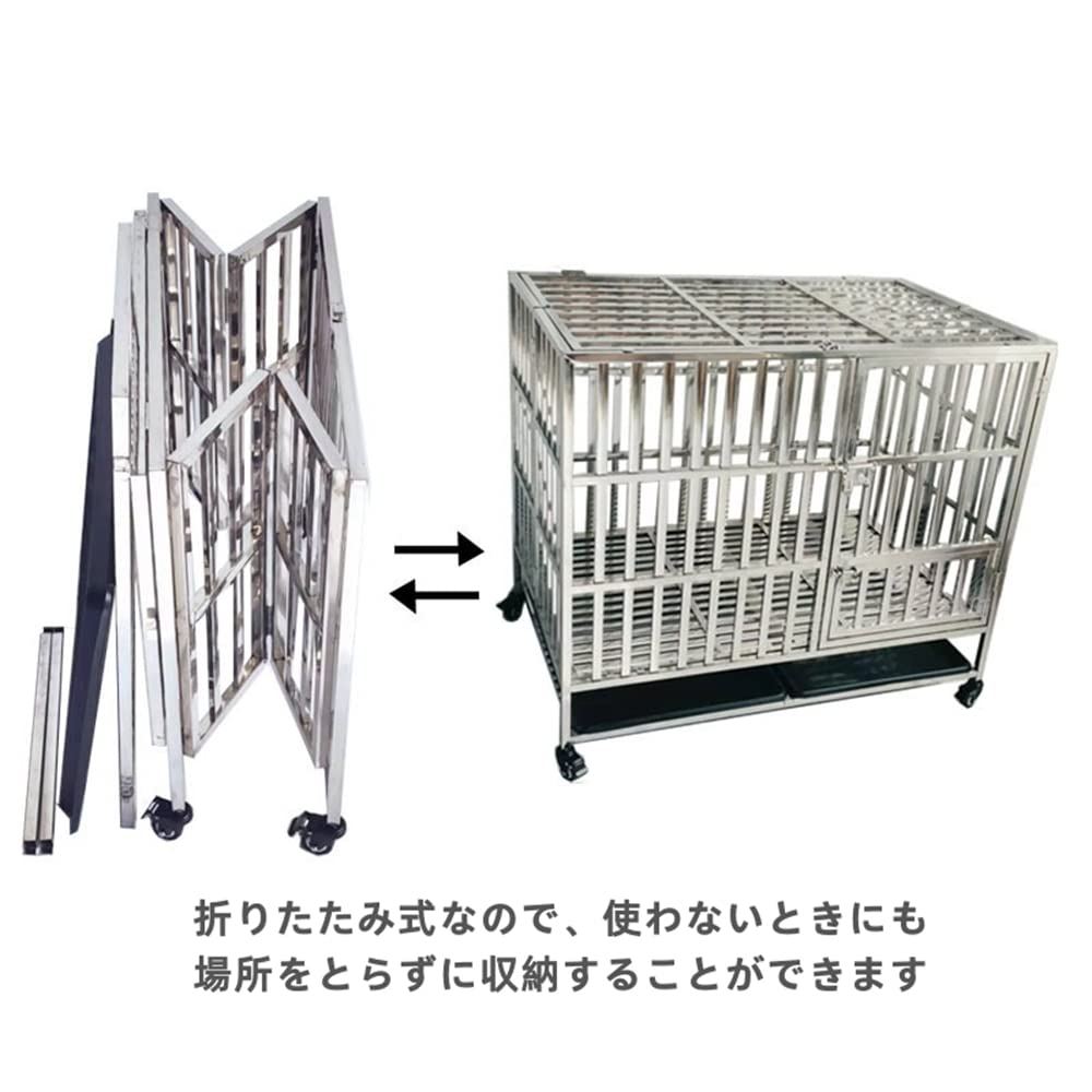 ★新品未使用品　大型犬用ケージ・犬舎・犬小屋　ステンレス製　天井開閉　折りたたみ可能　４車輪・ホイール・キャスター付き 犬小屋 犬用ケージ 大型犬 ステンレス ケージ 屋根付き 頑丈 ゲージ