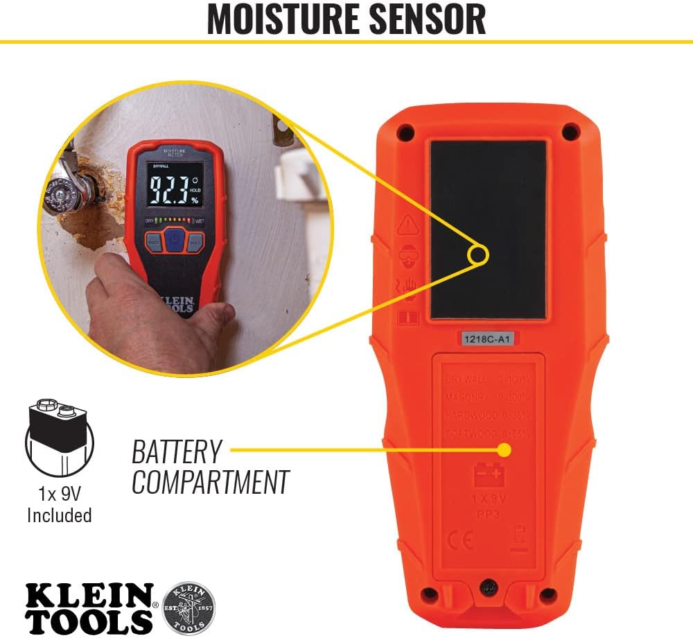 Klein Tools ET140 Pinless Moisture Meter for Non-Destructive Moisture Detection in Drywall, Wood, and Masonry; Detects up to 3/4-Inch Below Surface