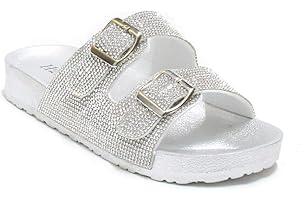 Womens Glitter Double Buckle Adjustable Comfort Slip On Slides Sandals