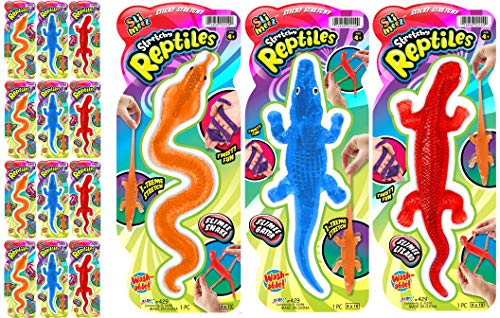 JA-RU Super Stretchy Sticky Reptiles Snake, Lizard & Alligator (12 Packs) Prank Squishy Sticky Toy for Kids, Pinata Filler. 429-12s