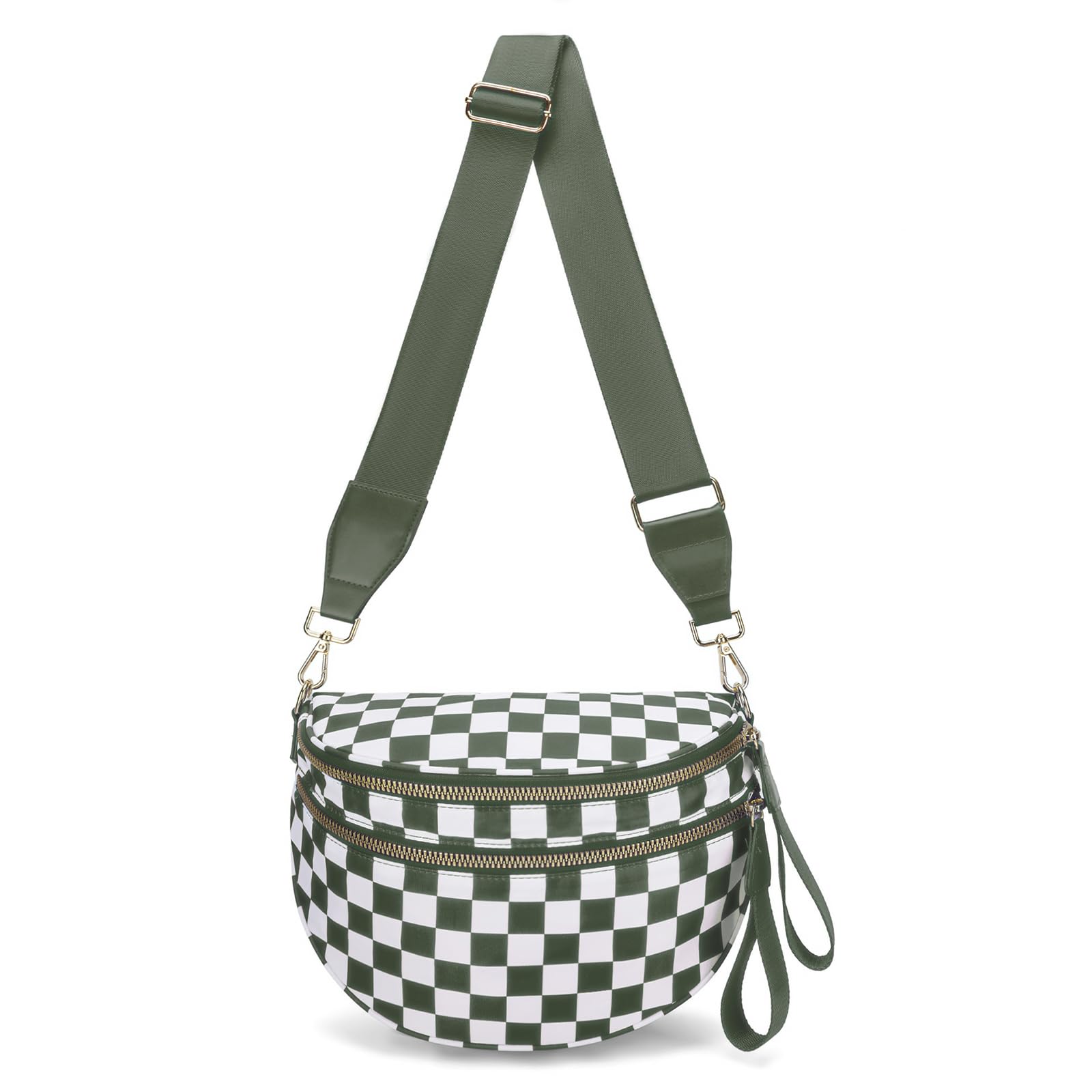 WOOMADA Checkered Crossbody Bag Bum Bag for Women, Fanny Pack Checkered Purse, Belt Bag with Shoulder Strap(Army Green Checkerboard)