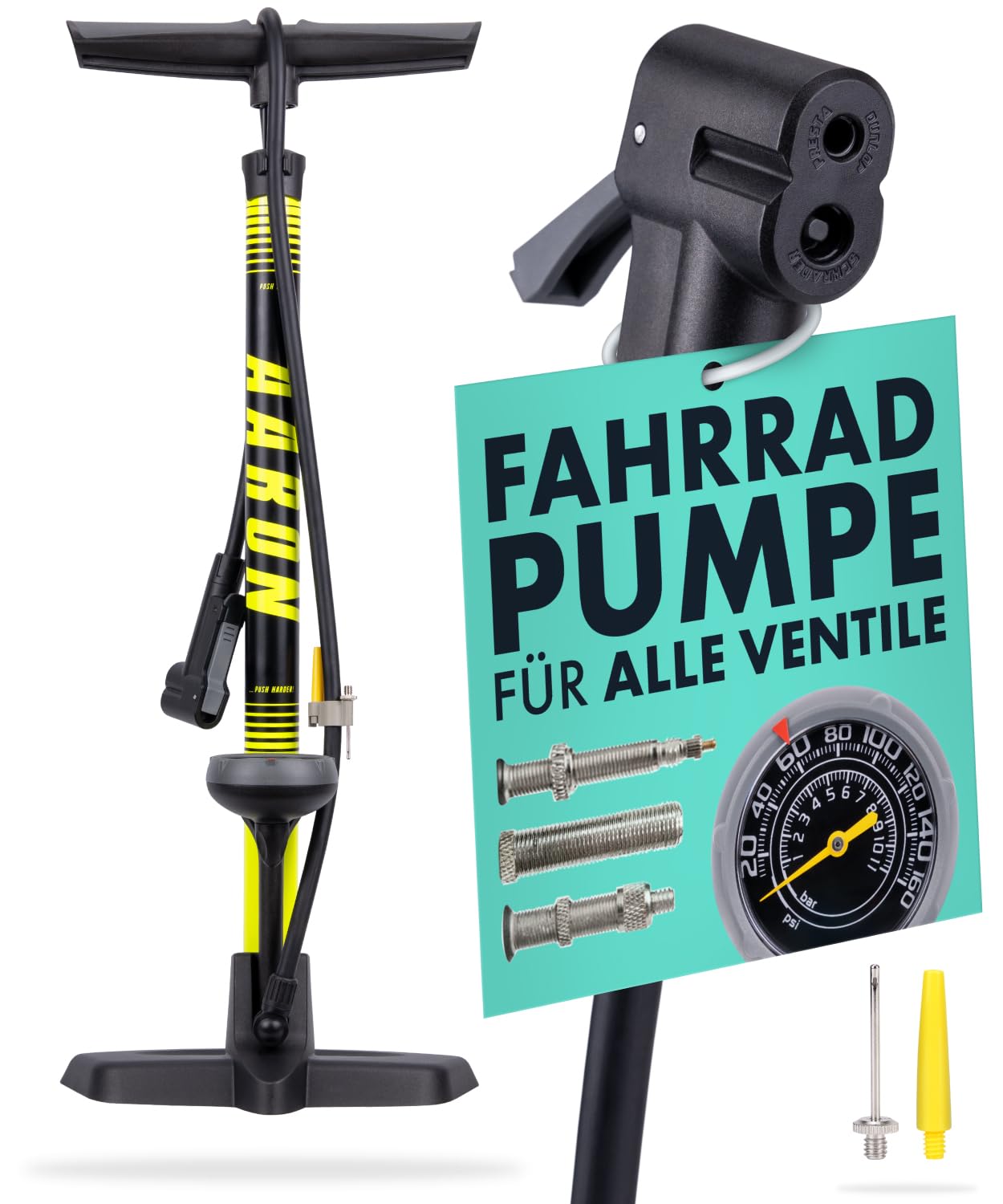 AARON Sport One Fahrrad Standpumpe mit Manometer für alle Ventile | Hochdruck Fahrradpumpe inkl. Ball Aufsatz | Luftpumpe für E-Bike, Mountainbike, Rennrad UVM. Gelb