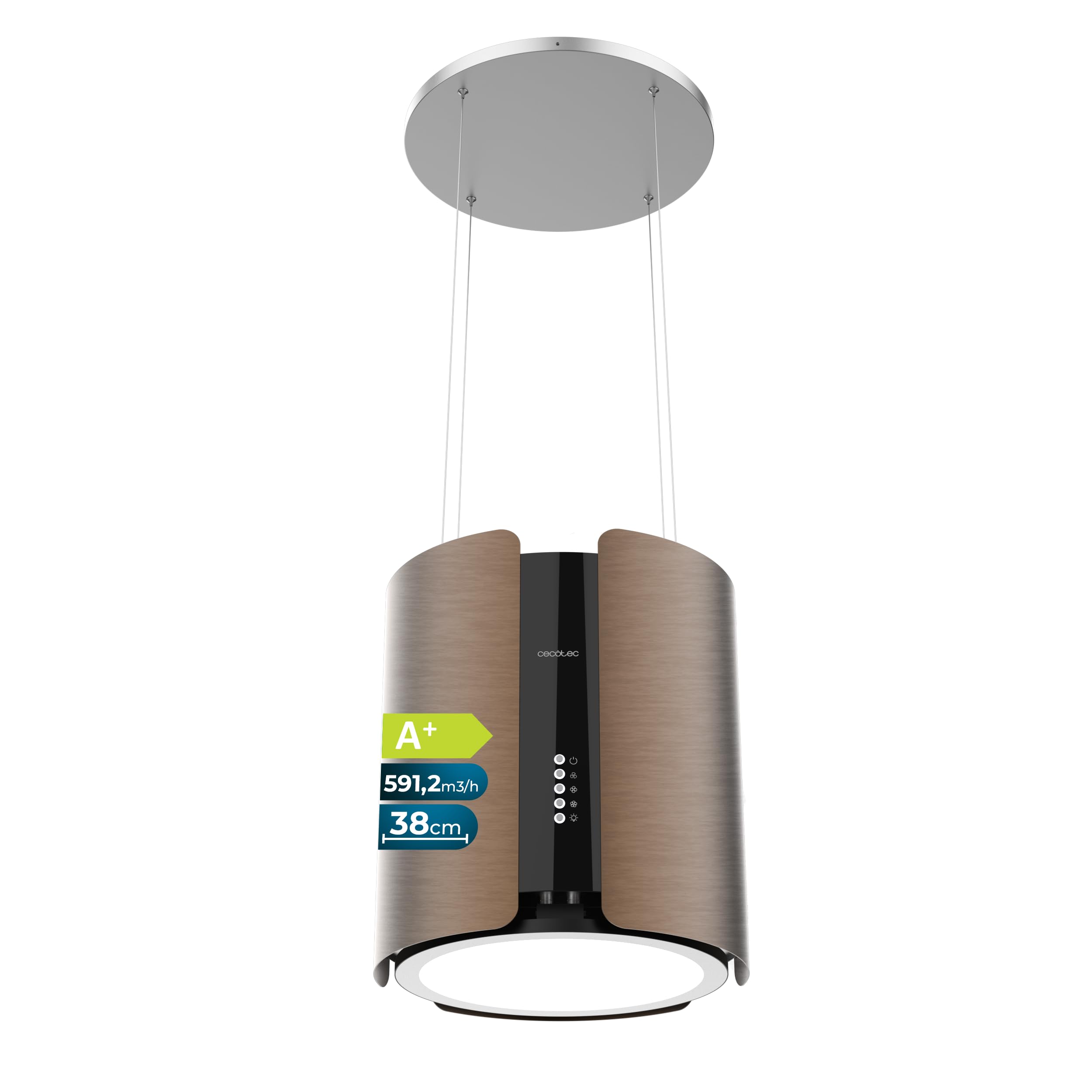 Cecotec Campana Extractora de Isla Redonda 38cm Bolero Flux CRE 385500 Cobre A+. Motor DC, Bajo Consumo, Acabado en Cobre, Succión 591,2 m³/h, Control de Botones Electrónicos, Filtro de Carbono