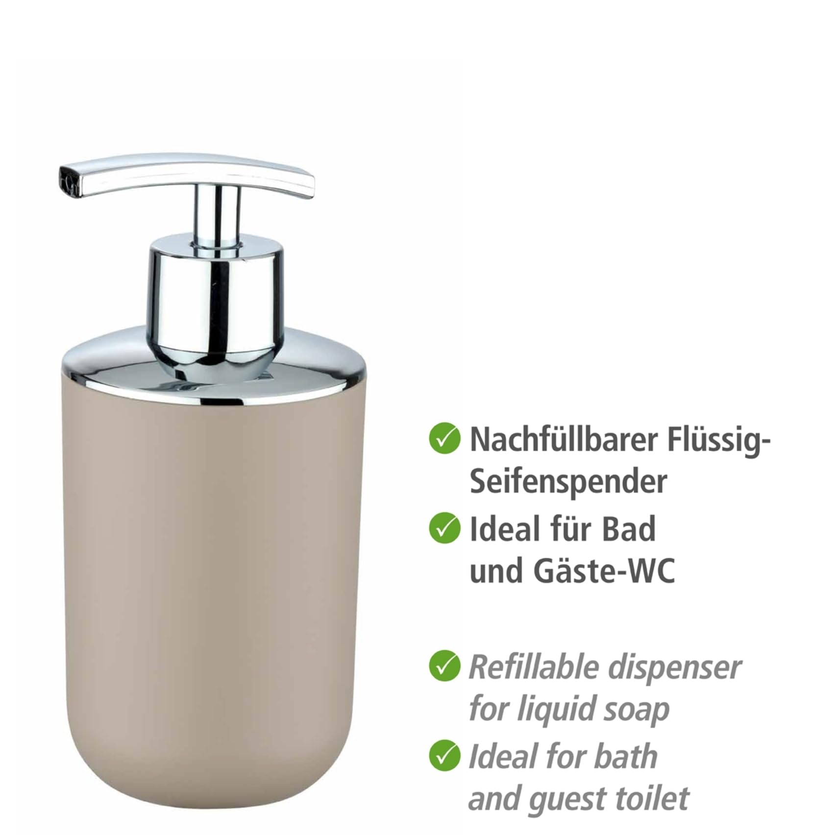 Bad-Accessoire Set Mod. Brasil, 4-teilig bestehend aus Zahnputzbecher, 320 ml Seifenspender, Kosmetikeimer 6,5 Liter & WC-Garnitur inkl. WC-Bürste, aus bruchsicherem Spezialkunststoff, Taupe