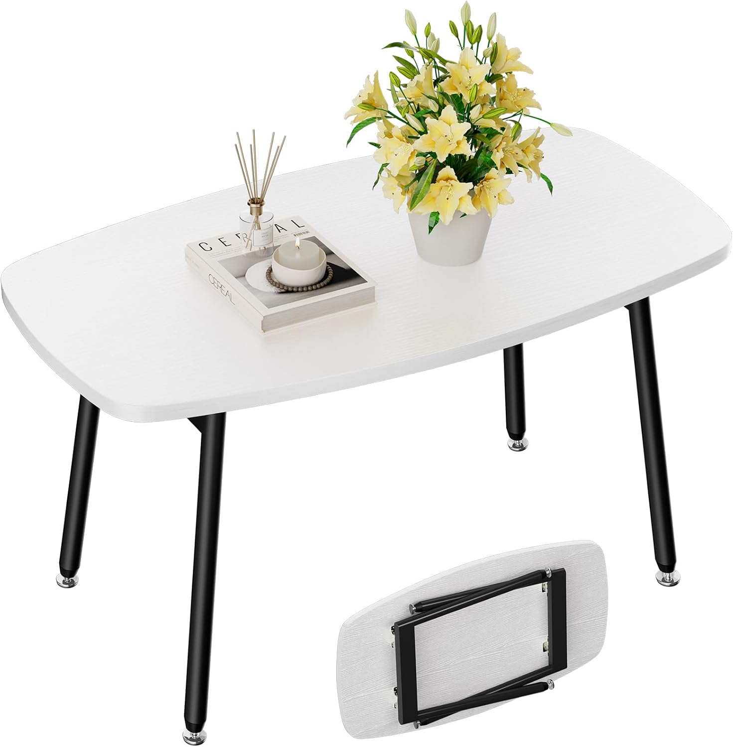 WOHOMO Foldable Coffee Table White Small Coffee Tables for Living Room Portable Simple Modern Rectangular Center Table for Small Spaces, No Assembly, 31.5 * 15.7 * 17.7IN, White 31.5IN White