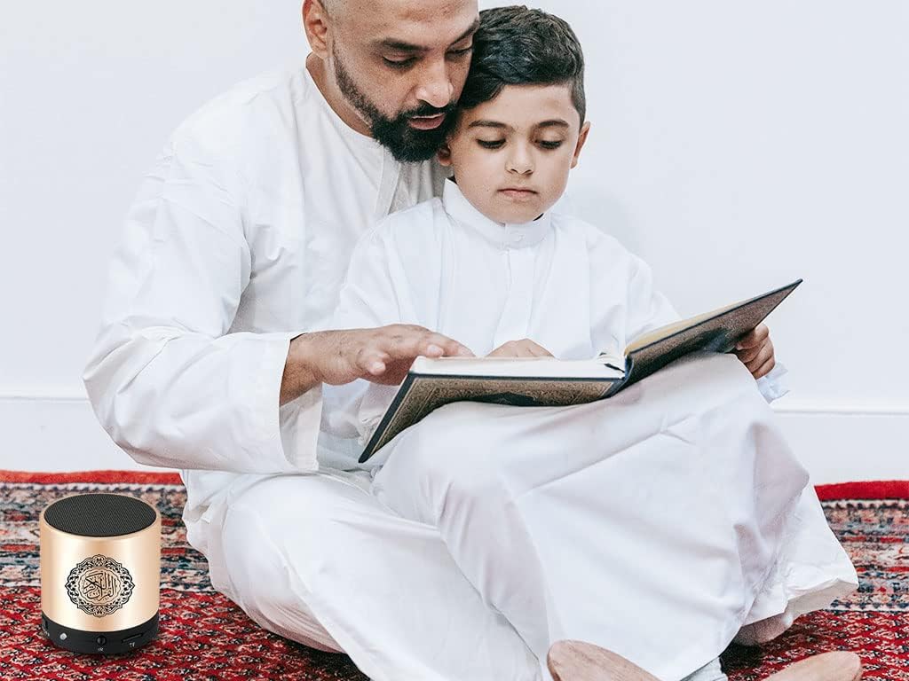 Ramadan Portable Digital Quran Speaker, Anlising Quran Speaker MP3 Player with Remote Control, Quran Translator, USB Rechargeable, 8GB FM Radio, Over 18 Reciters and 15 Translations Available(Gold)