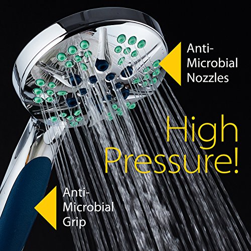 Hotel Spa Notilus Antimicrobial High Pressure Luxury Hand Shower - 6 Settings, Antimicrobial Anti-Clog Nozzles And Grip, Metal Fittings, Stainless Steel Hose/All-Chrome Finish/Top American Brand, 4.3" #TOP1