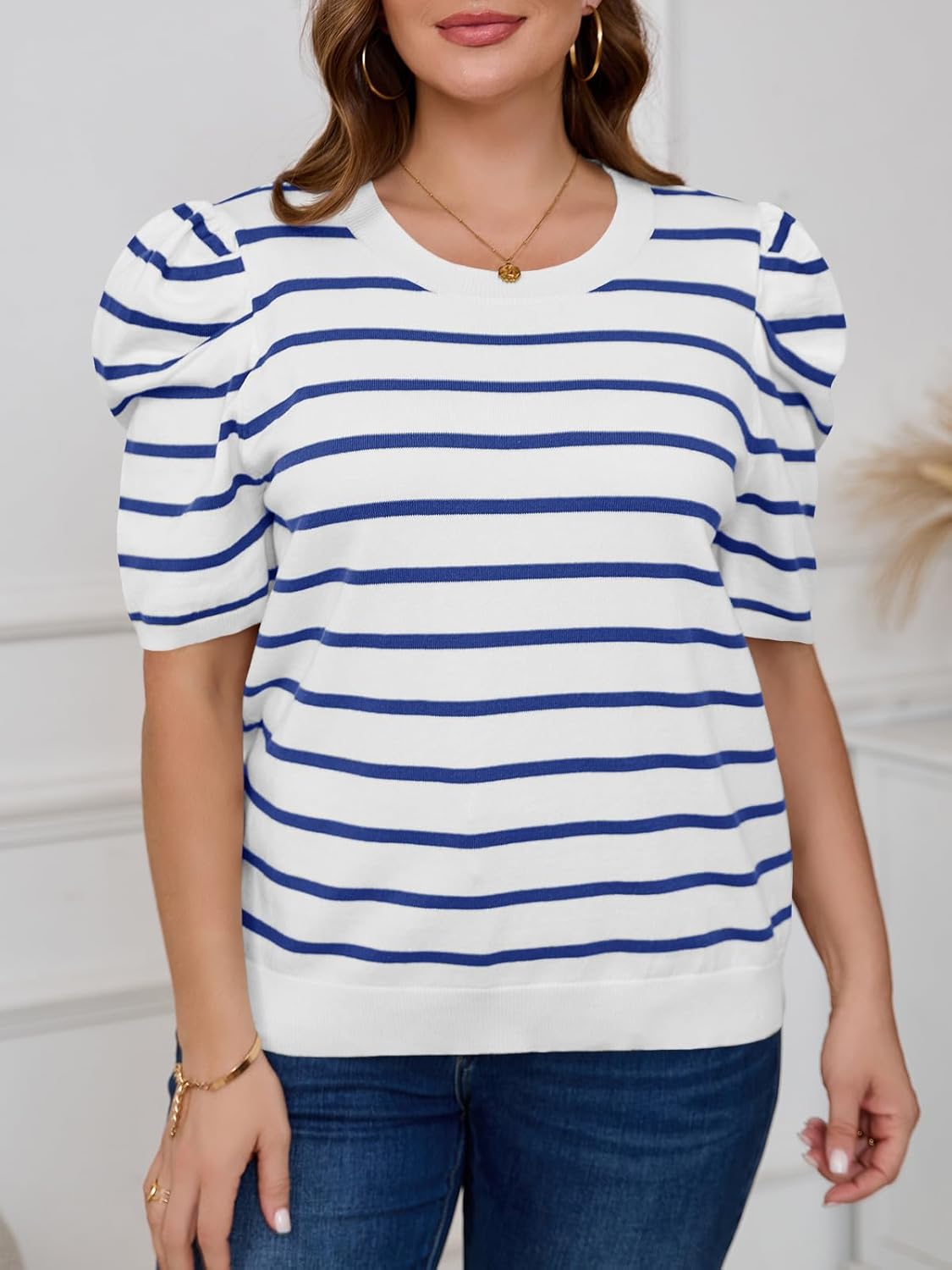 Beautife Womens Plus Size Short Puff Sleeve Sweater Tops Lightweight Striped T Shirts Summer Casual Crew Neck Knit Pullover Blue - Image 2