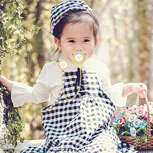 Image of Bling Personalized Baby Pacifier with Pacifier Clips and Anti-dust Cover A-Z 26 Letters(Gold Transparent,V)