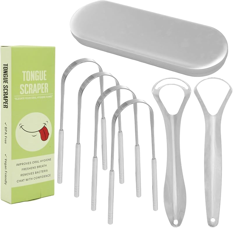 6 PIEZAS de raspadores de lengua para adultos - Depurador de lengua reutilizable y fácil de limpiar con estuche de viaje | Limpiador de lengua de grado médico 100% de acero inoxidable para el cuidado bucal, la higiene y el aliento fresco
