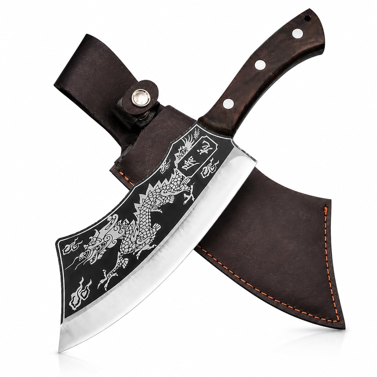 Dragon Engraved Butcher Knife with Leather Sheath|High Carbon Steel Meat Cleaver |Razor Sharp Kitchen Chopper Knife for Meat, Chicken, Fish & Vegetables|Ergonomic Wooden Handle-image-11