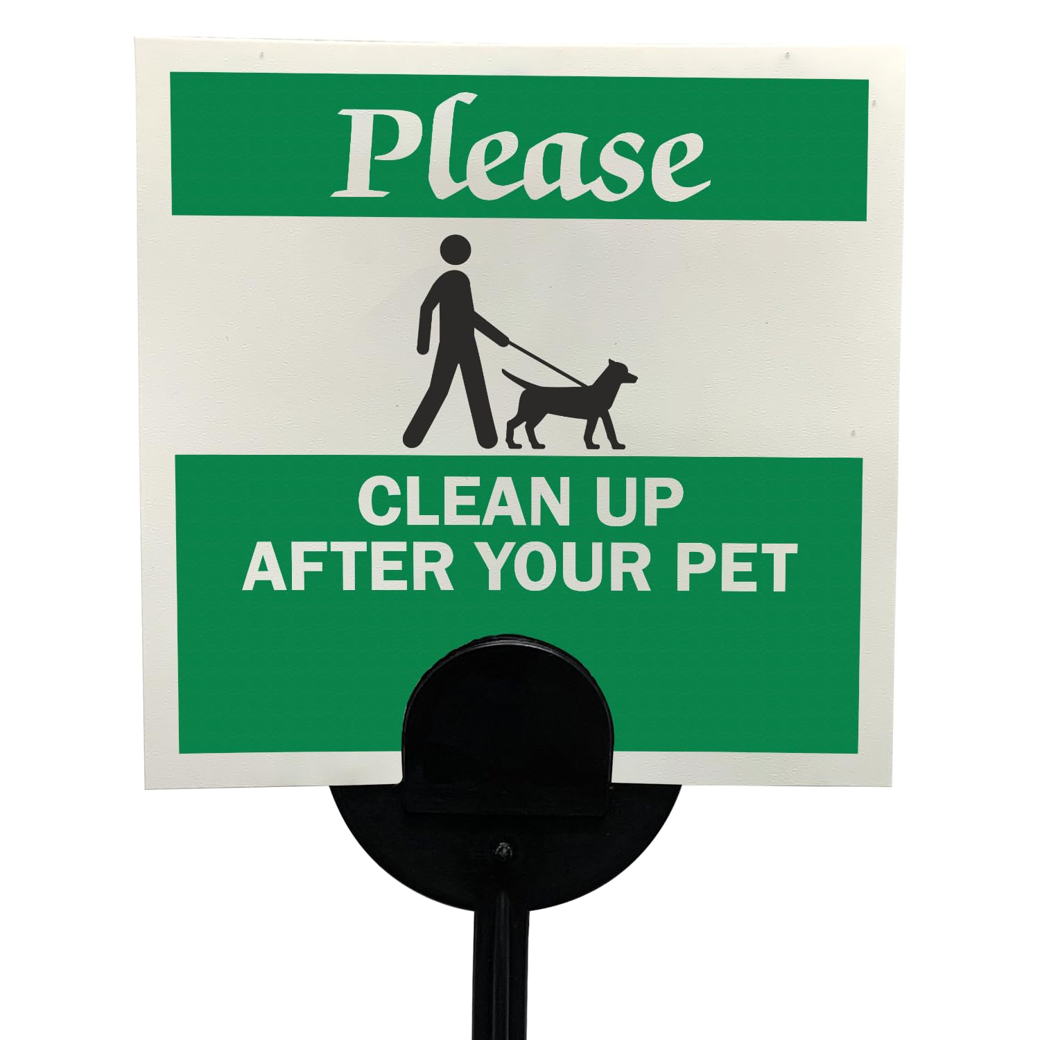 Photo 1 of SmartSign (20-Pack) Please Clean Up After Your Pet Yard Sign with Stake, 16 mil Thick HDPE Plastic Green/Black/White with Dog Walking with Owner Symbol, 4"x4" Signs with 16" Stakes Kit, USA-Made