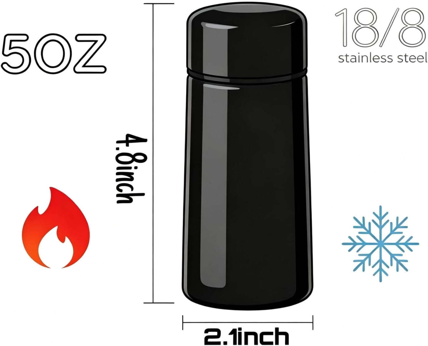 Mini Stainless Steel, 5 oz Cute Water Bottle,MINI Flask, Pocket Coffee Bottle,Small Thermal,Mini Tumbler, Portable Pocket Size for Travel, Office, Daily Use (Black)
