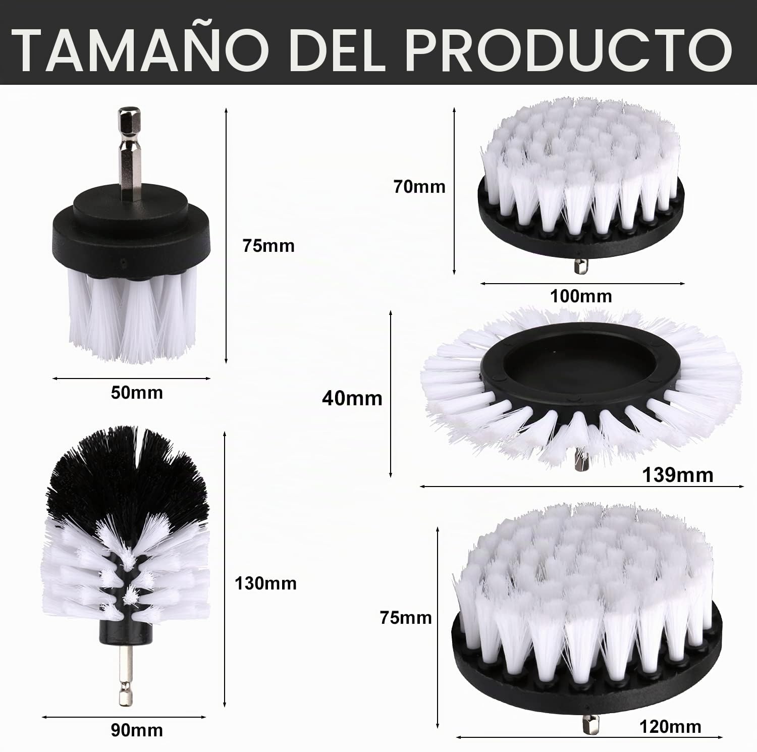 Escova de Broca Elétrica, 5PCS Eléctrico Cepillos Taladro Multifuncionales, Coche Limpieza Kit para Limpiar Paredes, Baño, Cocina, Tapiceria Coche, Piso Azulejo, Esquinas, Terraza (Bianco)