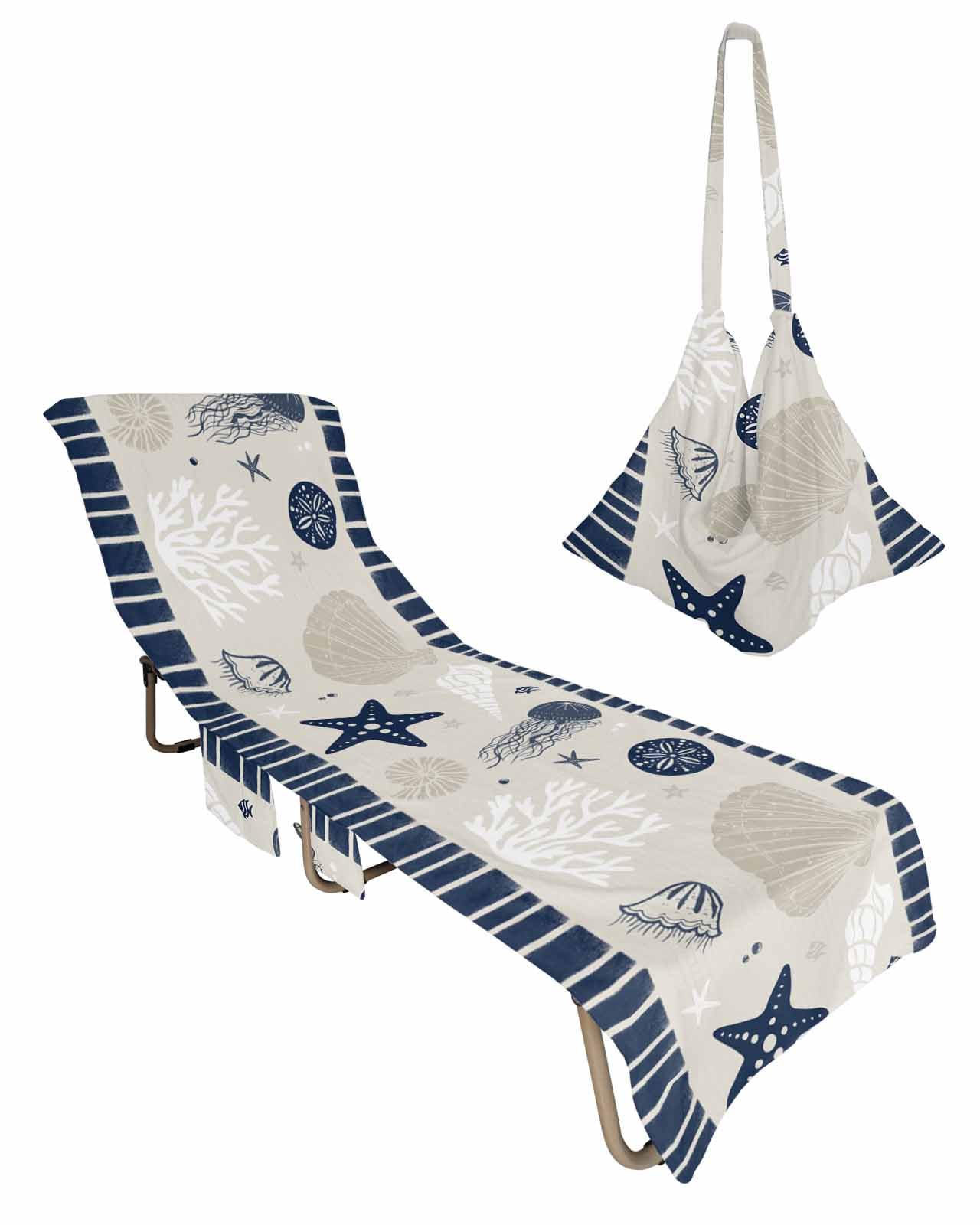 Beach Pool Patio Lounge Chaise Chair Cover Towel with Pockets,Coastal Navy Blue Absorbent & Quick Dry Microfiber Towel Cover Bag Travel Accessories Nautical Starfish Shells Coral Conch Jellyfish
