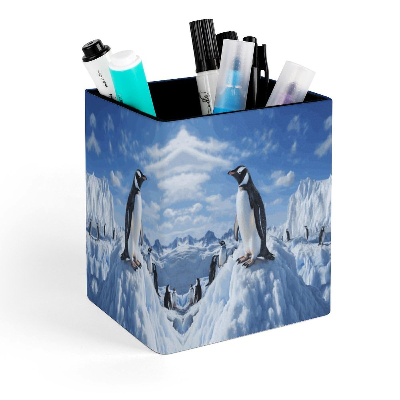 FekiLoot Snow Mountain Penguin Pencil Holder for Desk Square Leather Pen Holder Cup Desktop Organizer Multi-Functional Pencil Cup Holders Modern Decorative Desk Organizer Caddy Makeup Brush Holders