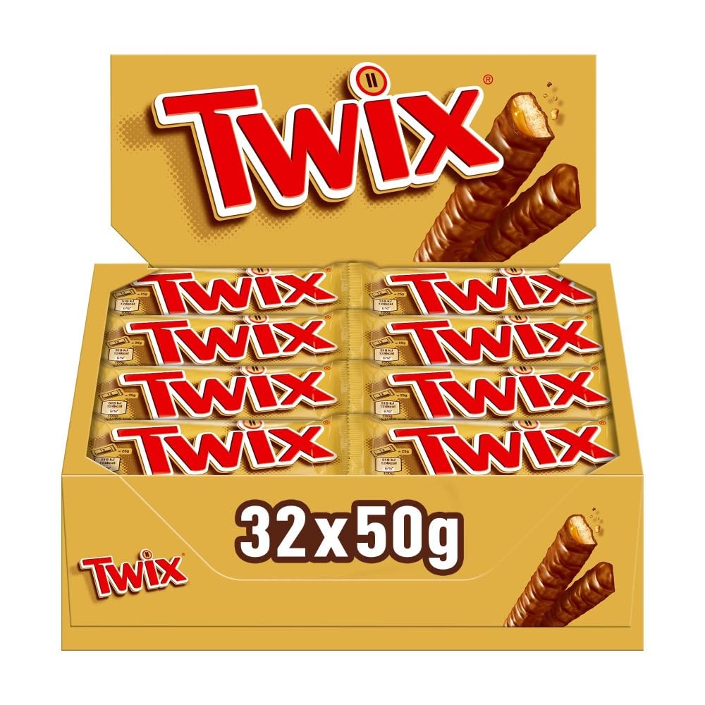 Twix Chocolate Bars, Caramel & Milk Chocolate Biscuits, 32 x 50g Bulk Box, Ideal for Hampers, Perfect for Gifts and Snacks