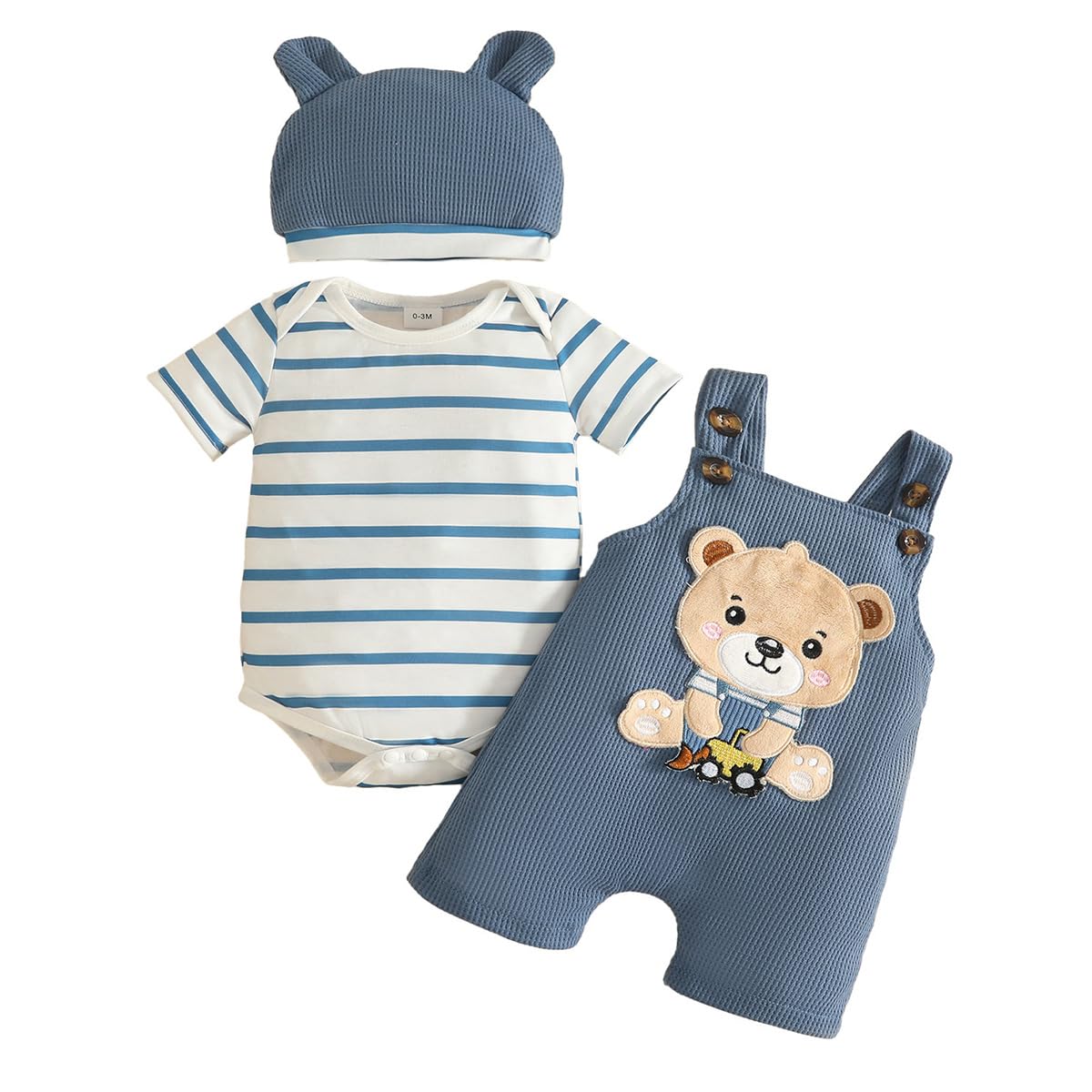 Baby Jungen Overall Set Kleidung Kurzarm Gestreiftes Oberteil + Süßer Tierdruck Hosenträger + Mütze 3Pcs Sommer Outfit 0-18 Monate