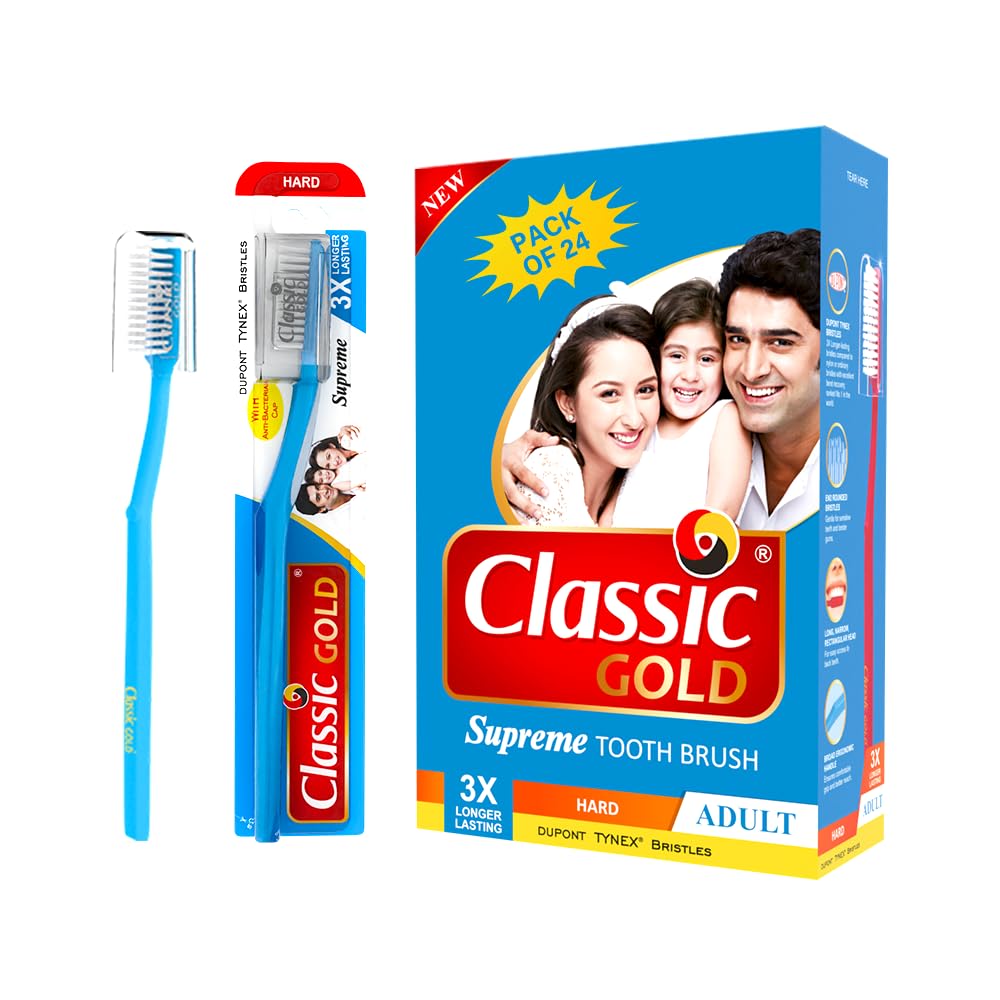 Classic Gold Supreme Manual Toothbrush for Adults | With Hard Dupont Tynex Bristles for Healthy Gums and Anti Bacterial Cover Cap | Pack of 24 Pieces - Multicolor-image-48