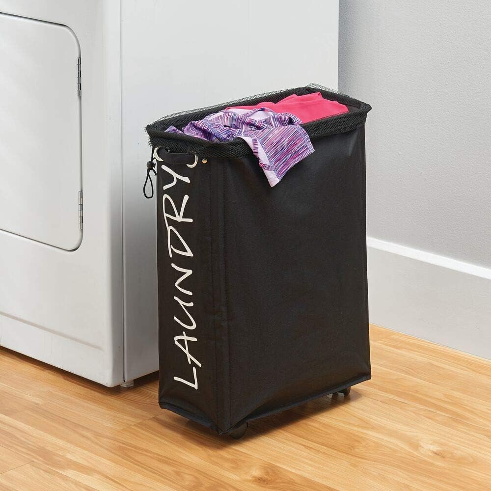 mDesign Slim Fabric Laundry Hamper Basket with Handles, Drawstring Mesh Closure, Wheels - Portable and Foldable for Compact Storage - Single Hamper Design, Novelty Print - Black