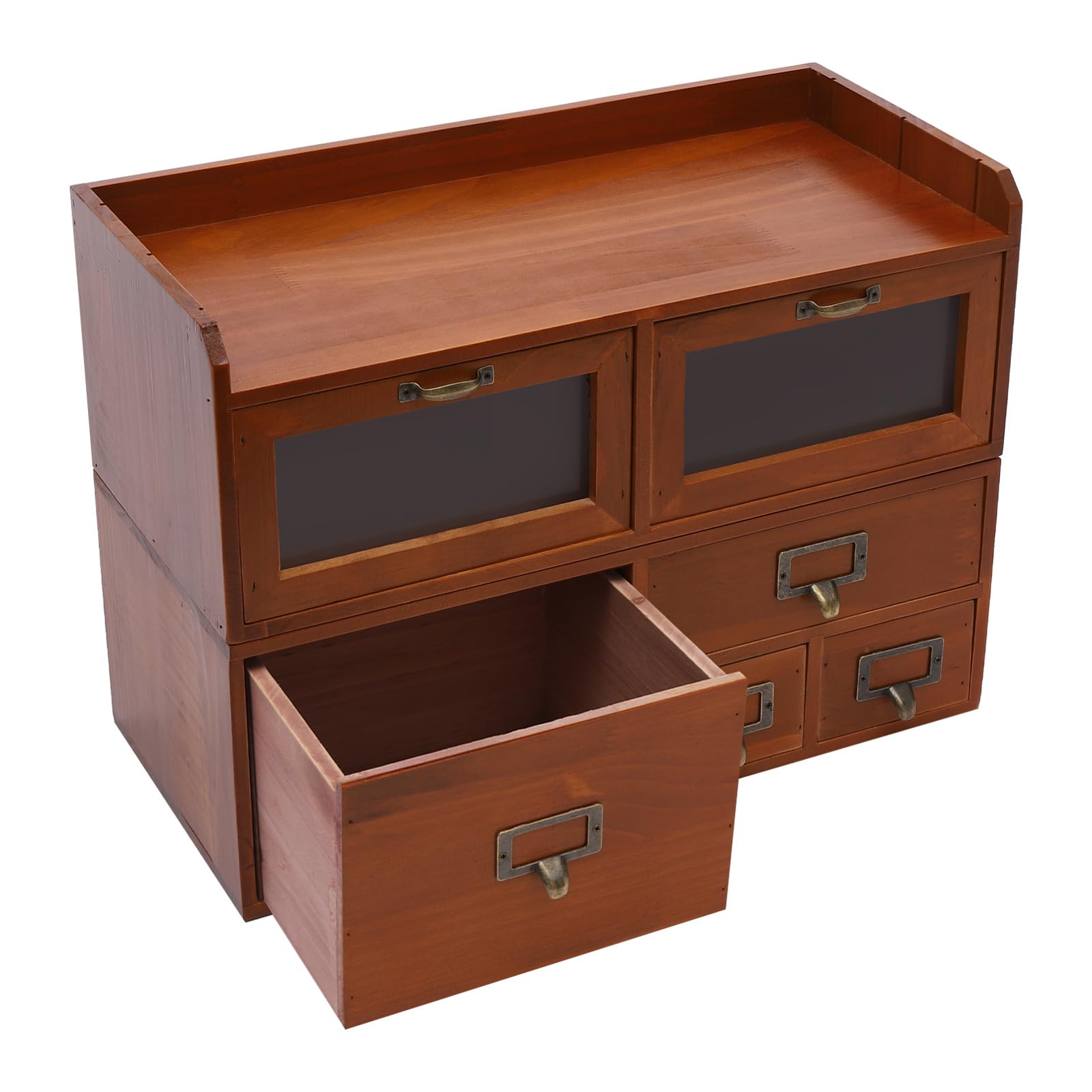 Organizer da scrivania a 6 cassetti, in legno di pino, 47 x 22 x 32 cm, marrone | Cassettiera vintage in acrilico trasparente, per cancelleria, cosmetici, gioielli e piccoli oggetti di uso quotidiano