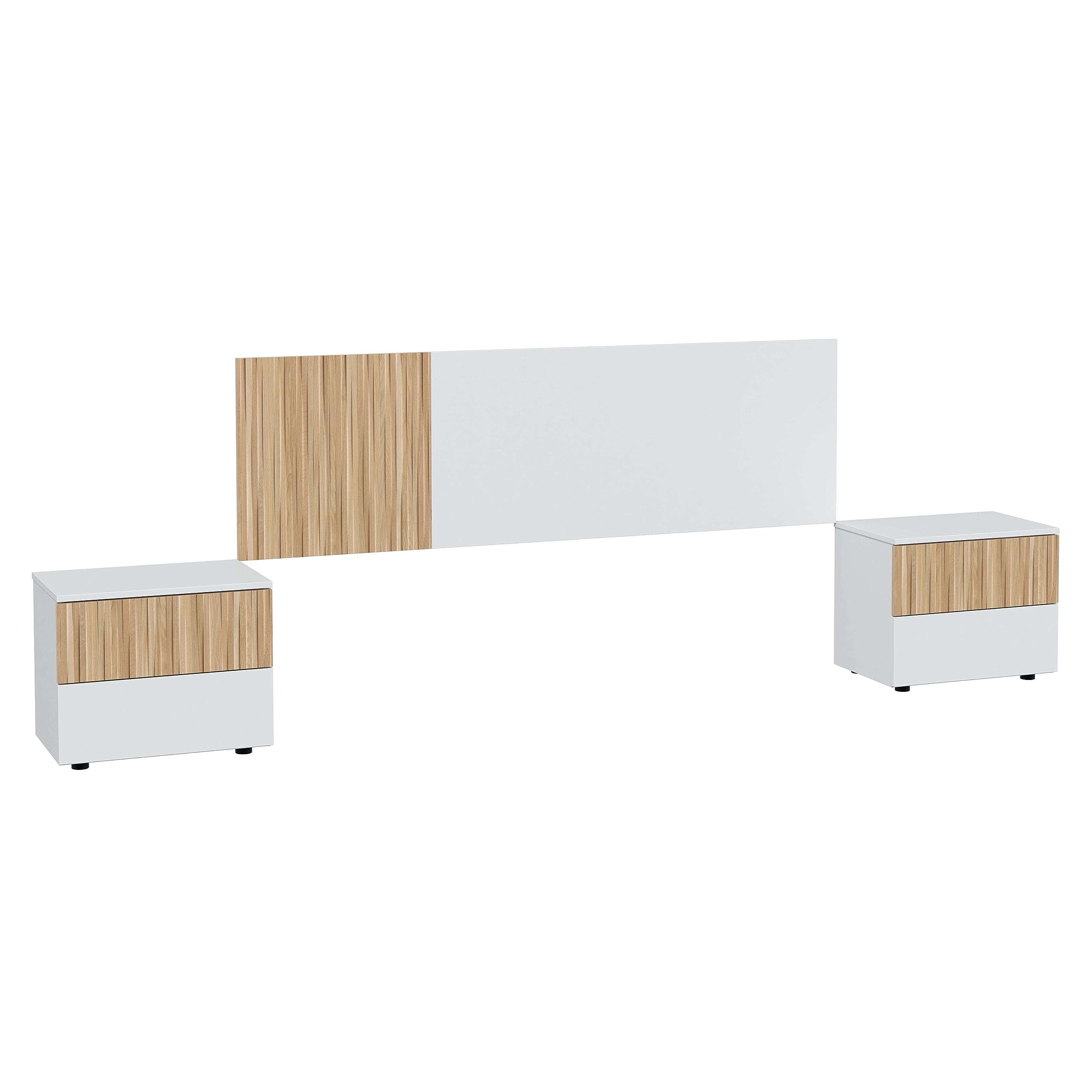 Habitdesign Cabezal + 2 Mesitas, 266x91x34 (AnchoxAltoxFondo-en cm), Color Blanco Artik y Natur, Cabezal Reversible y 2 Mesitas, Modelo Ethna