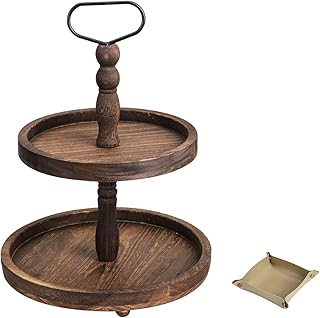 Farmhouse Wooden Decorative Two Tiered Trays+ Pu Leather Tray,Wood 2 Tie...