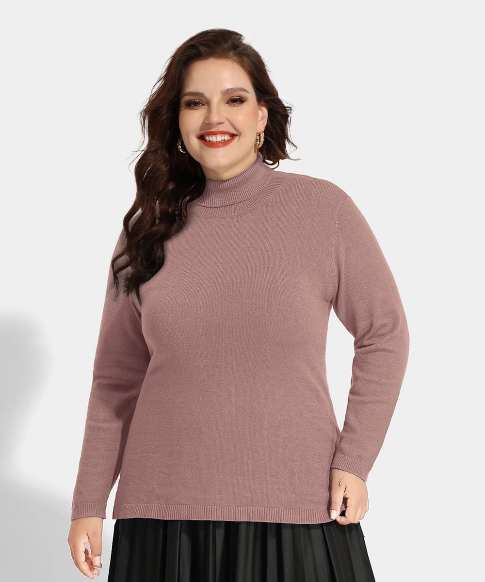 CARCOS Plus Size Sweaters for Women Solid Turtleneck Sweater Long Sleeve Pullover Tops Casual Split Hem Knit Shirts - Image 2