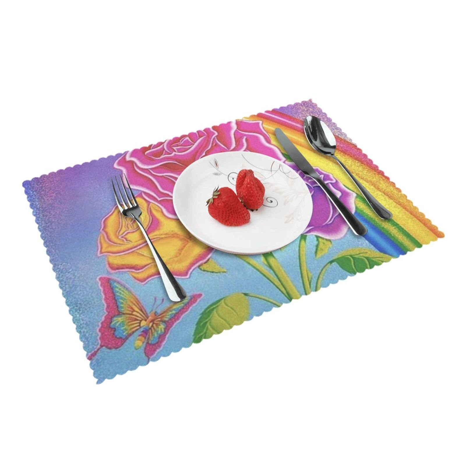 Rose Rainbow Butterfly Printed Placemats Set of 4 PCS Washable Placemat for Kitchen Table Heat-resistant Table Mats 45x30 CM