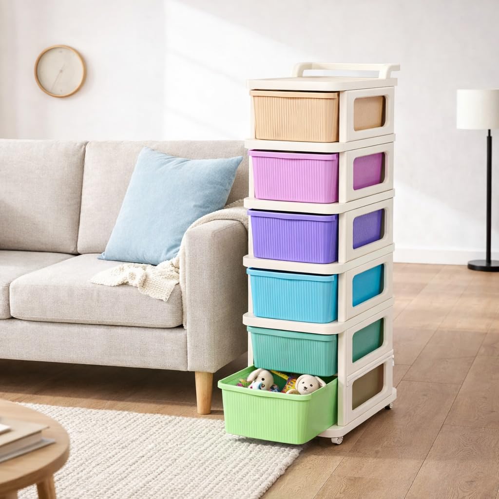 Radiant Heavy Plastic Storage Drawer with Wheels | Modular Cabinet for Home, Office, School, Hospital, Kitchen, Cosmetics, Clothes, Toys (Multicolor, 6 Layer)-image-47