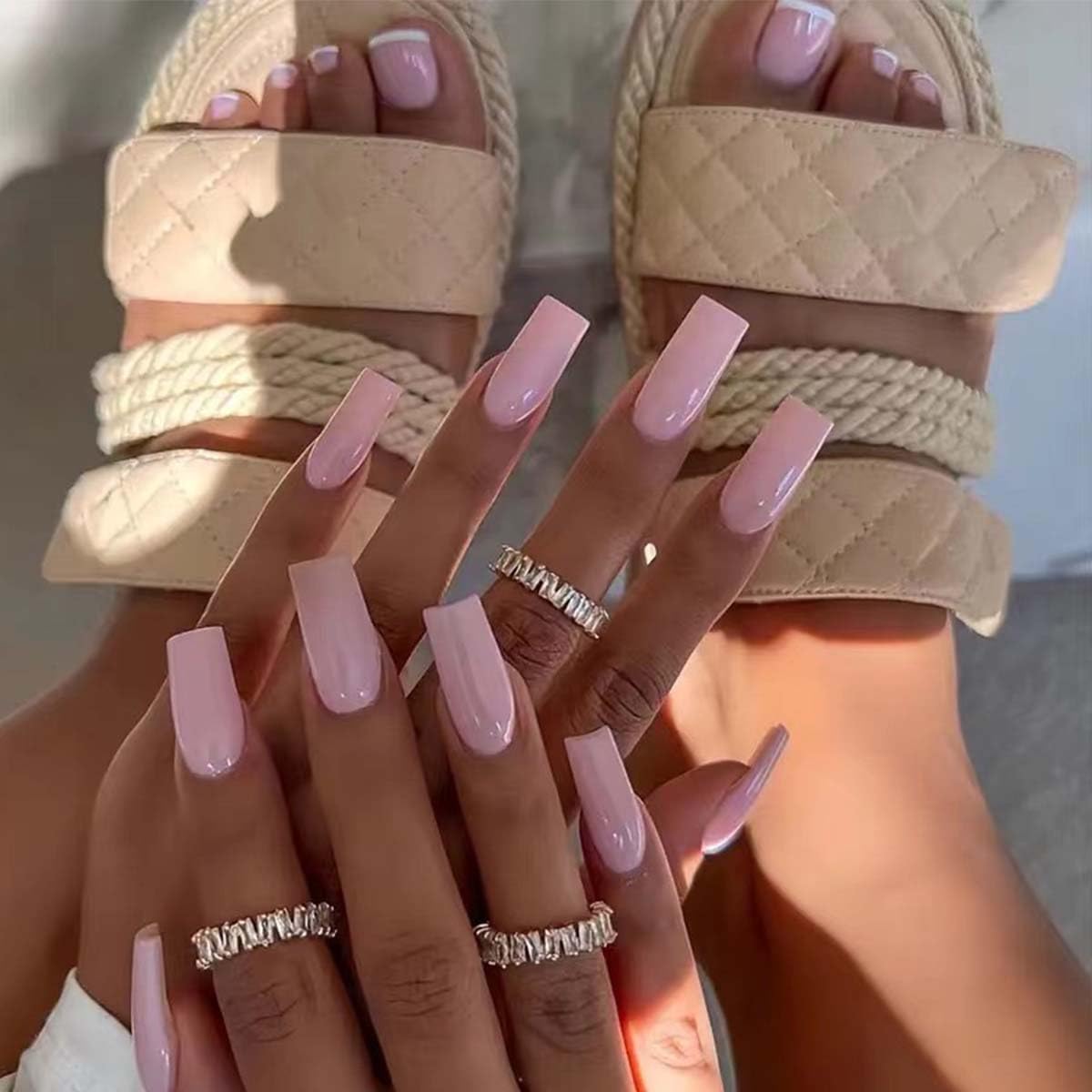 48pcs Square Press On Nails French Tip Fake Toenails Pink False Nails With Design Acrylic Full Cover Glue On Toenails Artificial Nails Glossy Reusable