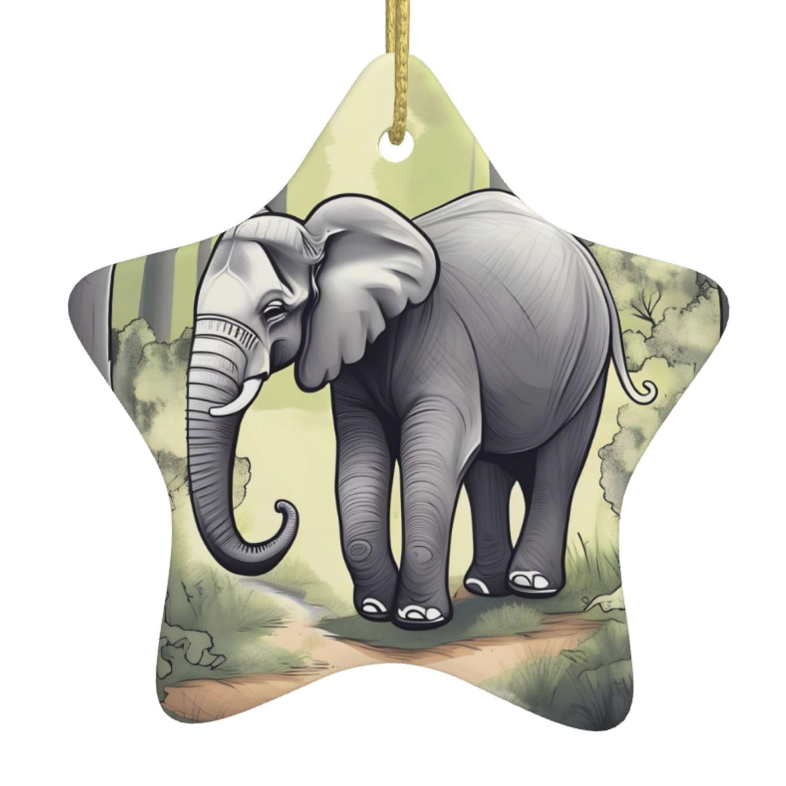 Walking Elephant Christmas Ceramic Star Pendant with Punched Holes and Gold Wire Rope, Christmas Tree Home Decoration