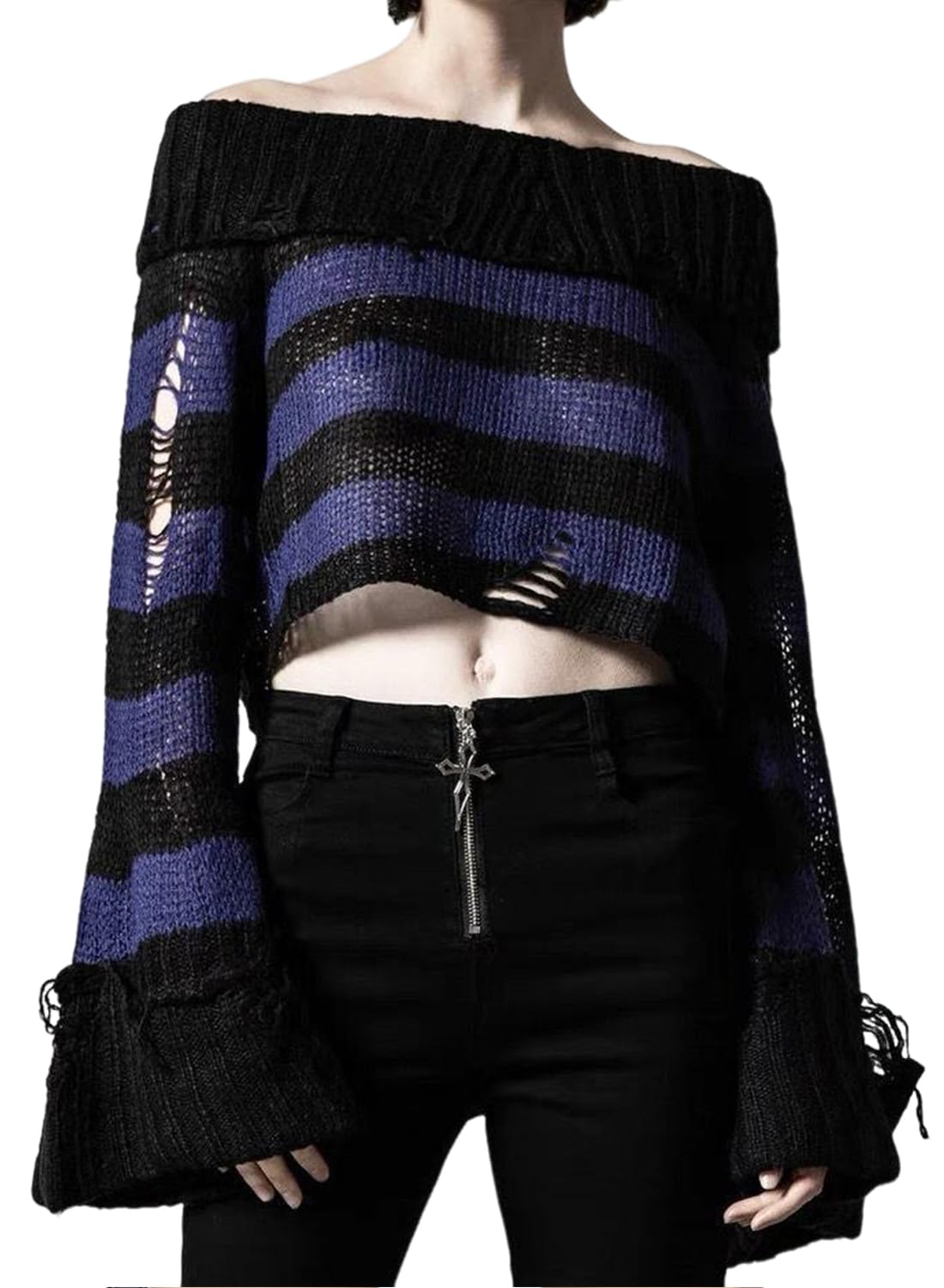 Kurkur Women's Black&Blue Punk Gothic Hollow Sweater Striped Long Sleeve Cropped Off Shoulder Knit Pullover Tops(,Medium)