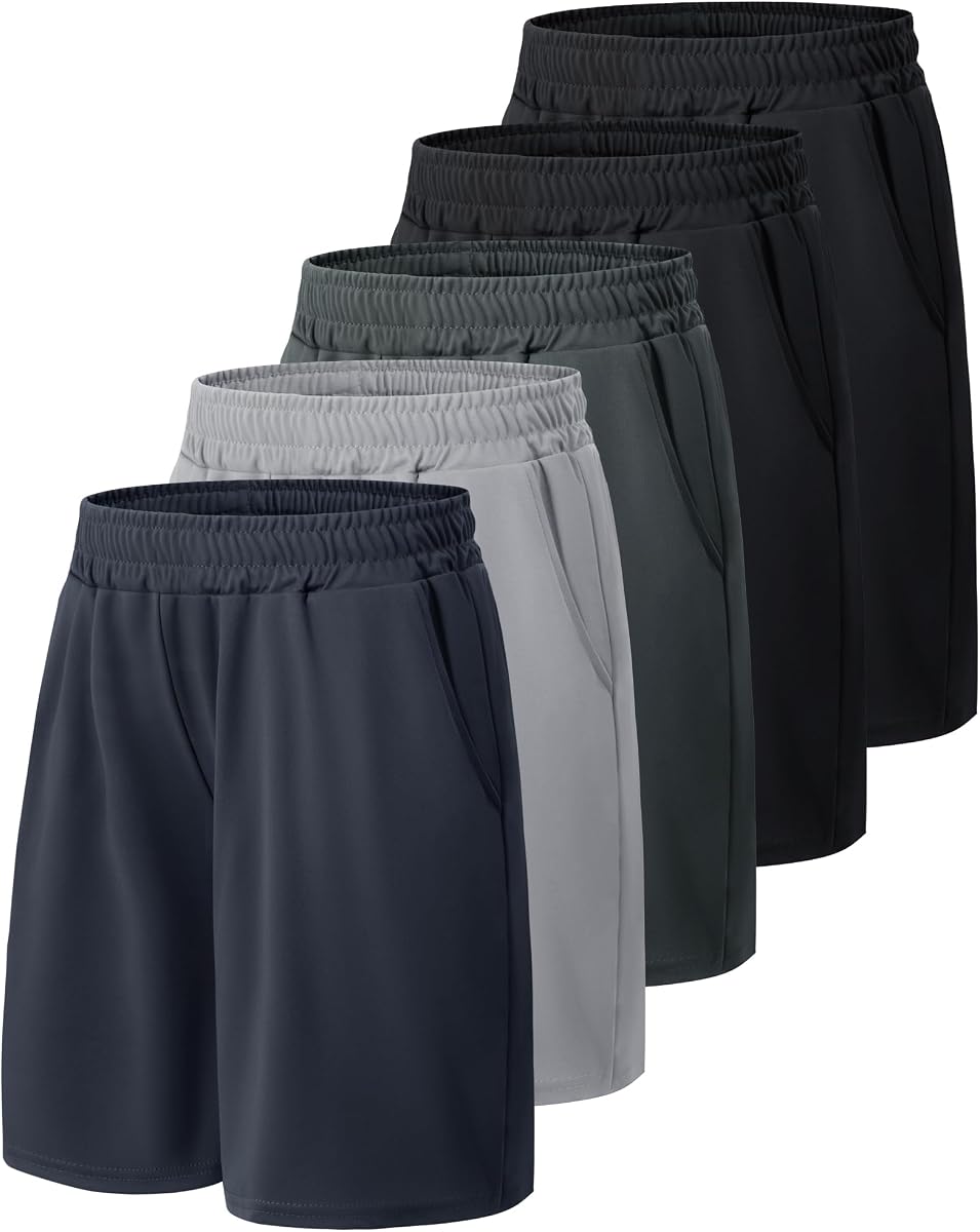 Paquete de 5 pantalones cortos deportivos de baloncesto para niños - Pantalones cortos juveniles de secado rápido para niños negros | Ropa para adolescentes con bolsillos para fútbol, correr, béisbol, cintura elástica, transpirable, ligera, ropa deportiva que absorbe la humedad