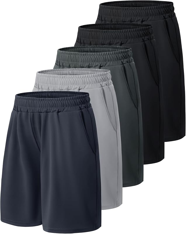 Paquete de 5 pantalones cortos deportivos de baloncesto para niños - Pantalones cortos juveniles de secado rápido para niños negros | Ropa para adolescentes con bolsillos para fútbol, ​​correr, béisbol, cintura elástica, transpirable, ligera, ropa deportiva que absorbe la humedad