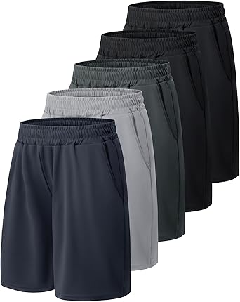 BOOJO 5 Pack Athletic Basketball Boys Shorts - Black Quick Dry Kids Youth Teen Shorts with Pockets for Soccer Running