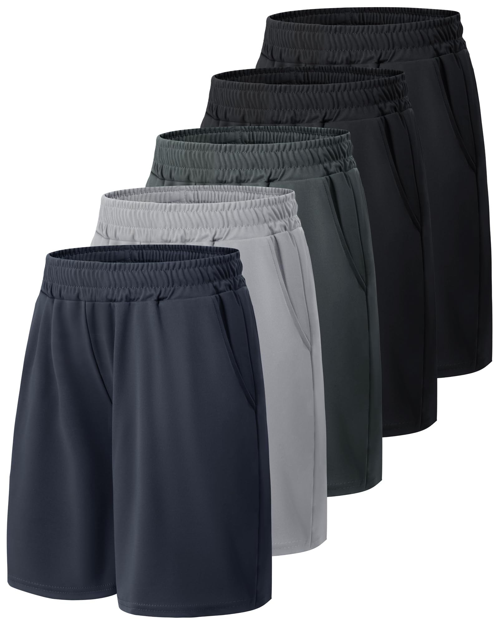 BOOJO 5 Pack Athletic Basketball Boys Shorts - Black Quick Dry Kids Youth Teen Shorts with Pockets for Soccer Running