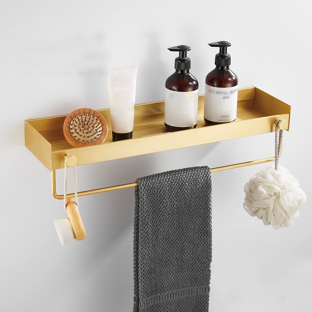 ZJHFFFG Bathroom Shelf Brushed Gold Aluminum Shower Caddy Wall-Mounted Shower Storage Rack with Hook Bar Cosmetics Shampoo Organizer
