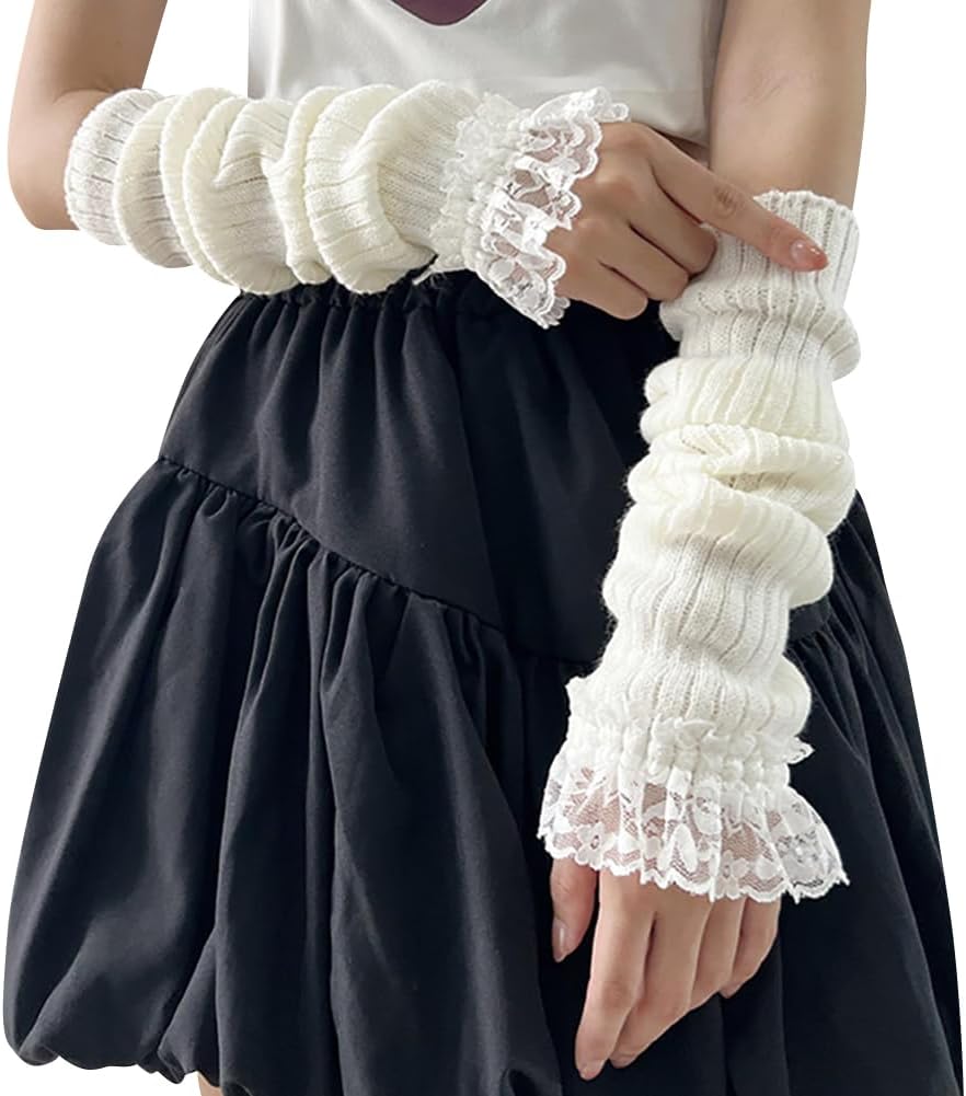 Womens Knitted Arm Covers Lace Arm Warmers Long Fingerless Gloves Elbow Length Arms Warm Sleeves Knit Wrist Warmers White