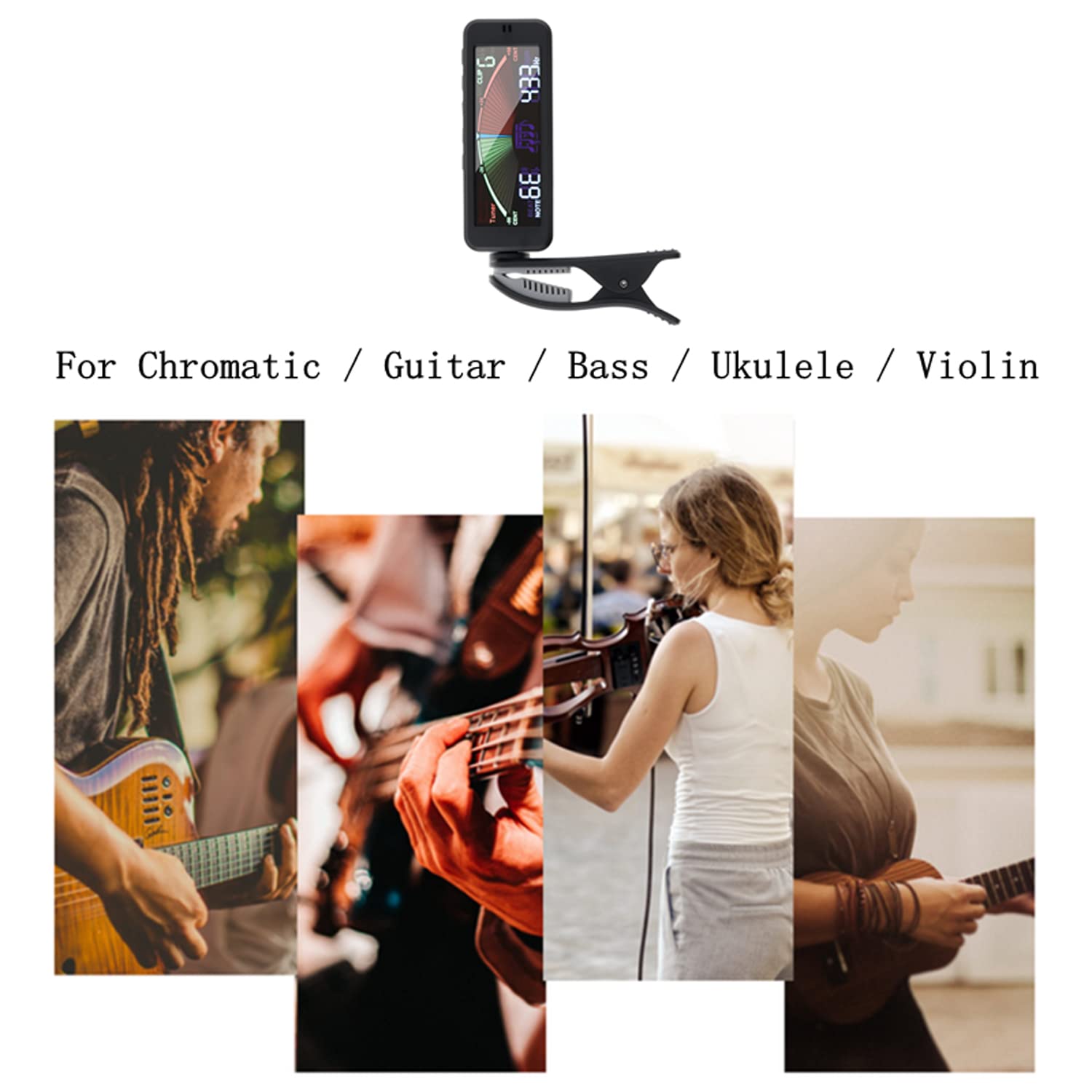 Accordatori per Chitarra, metronomo Digitale 3 in 1, generatore di Suoni con Ampio Schermo LCD a Clip per Chitarra Acustica cromatica, Basso, Ukulele, Violino