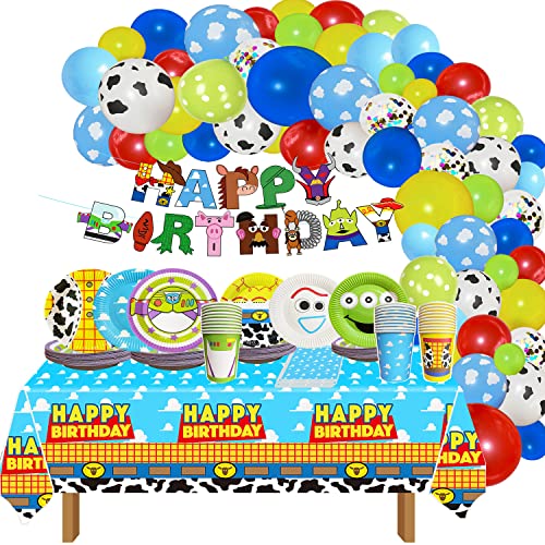 Cartoon Story Party Supplies 133Pcs Cartoon Story Party Decorations Include Paper Plates Napkins Cups Tablecloth And Banner For Boys Girls 1St 2Nd 3Rd 4Th Toy Birthday Decor, Serve 30 Guest #TOP4