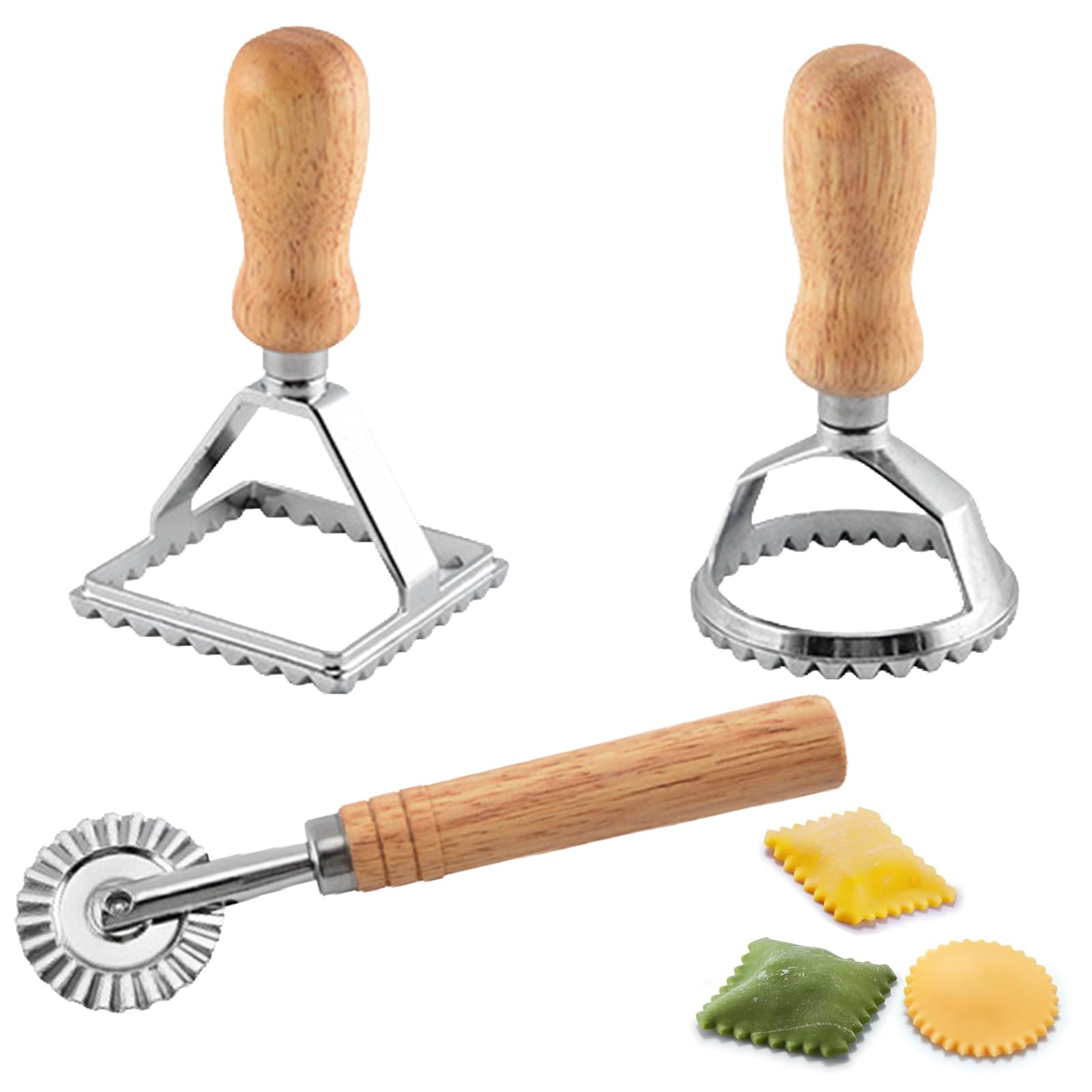 Ravioli Stamp Maker Cutter, 3 Pcs Ravioli Cutter Set, Pasta Maker Mold with Wooden Handle and Fluted Edge Raviolis Cutters and Press Stamp for Pasta Dumplings Lasagna Pierogi