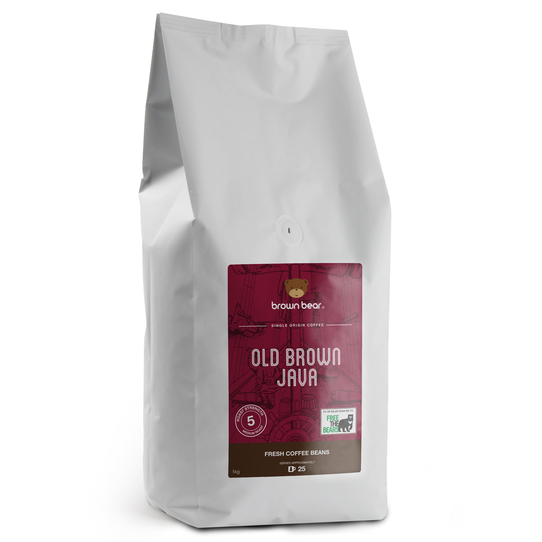 Old Brown Java Dark Roast Strong Aged Coffee Beans 1kg - Suitable For All Machines - Brown Bear Indonesia Indonesian Coffee - Strength 5 - Donation to Free The Bears