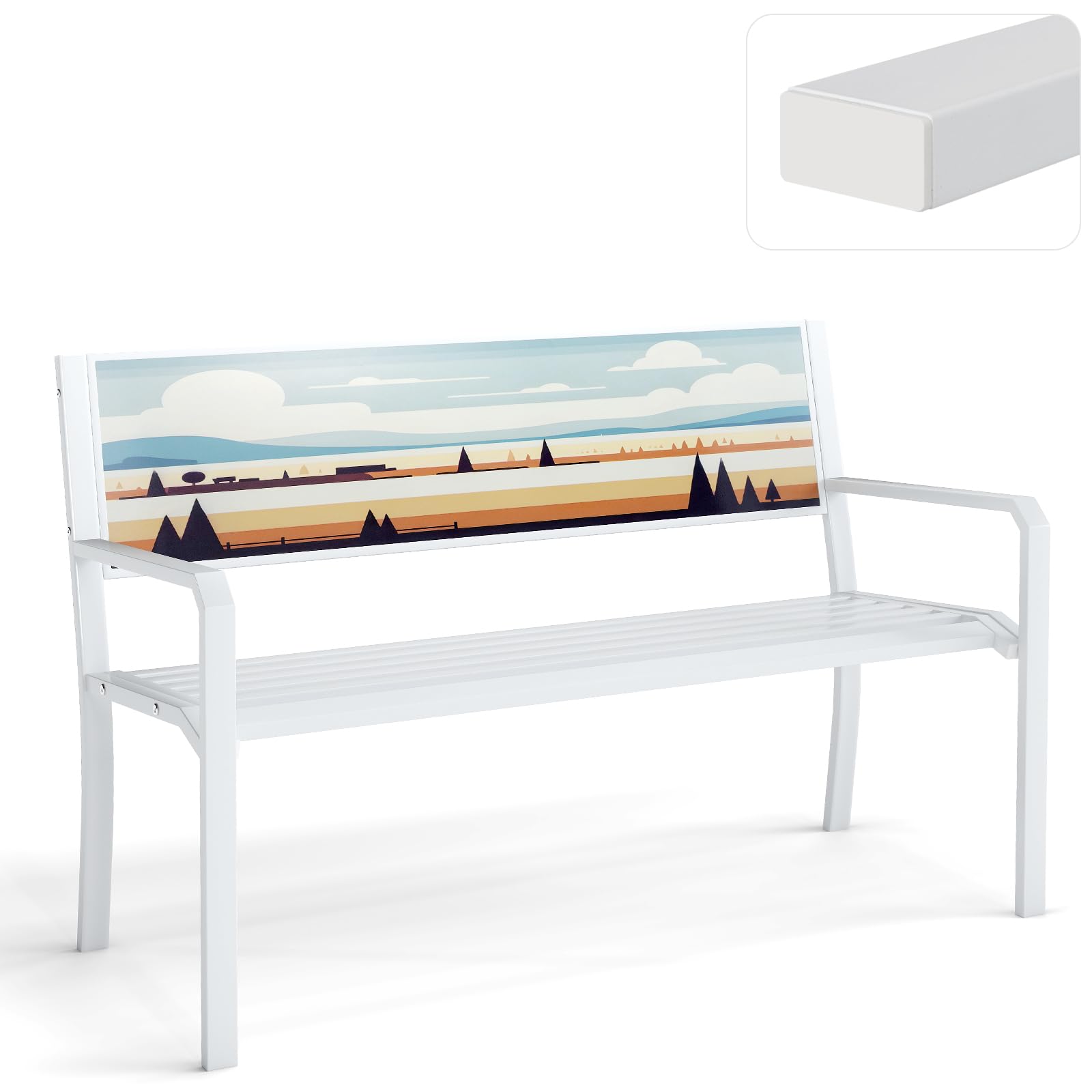 KOMFOTTEU Panca da Esterno in Metallo, Panchina da Giardino 2-3 Posti, con Schienale Decorativo ed Ergonomico, Braccioli, e Piedini Antiscivolo, Panca da Terrazza, Parco, Cortile, Patio, Bianco