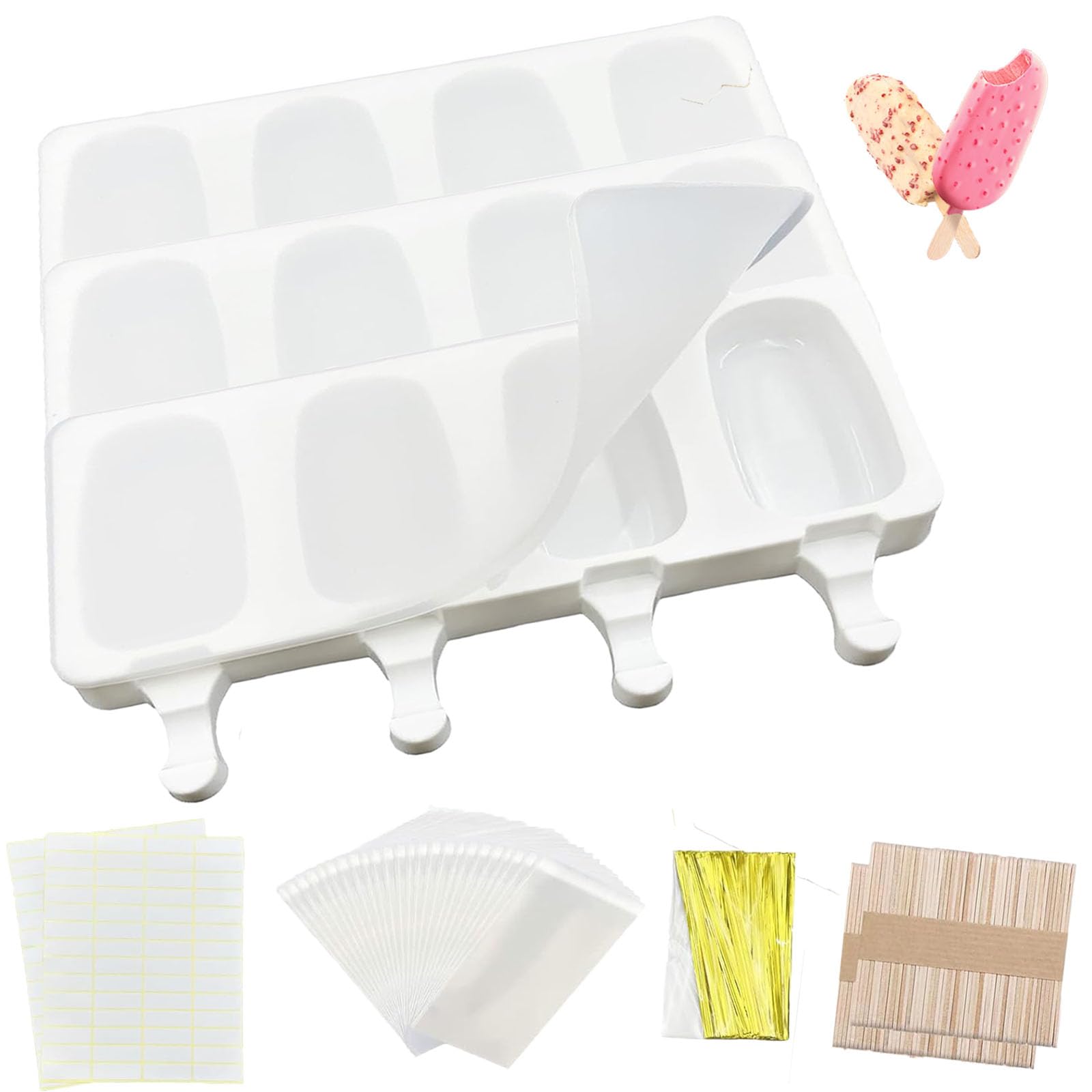 3 pièces Moule à glace en silicone avec couvercle,en silicone réutilisables glacée maison,moule glace,avec 100Bâtonnets+100sac d'emballage+100ruban d'or et 100Étiquette,DIY Crème Glacée aîné et Adulte