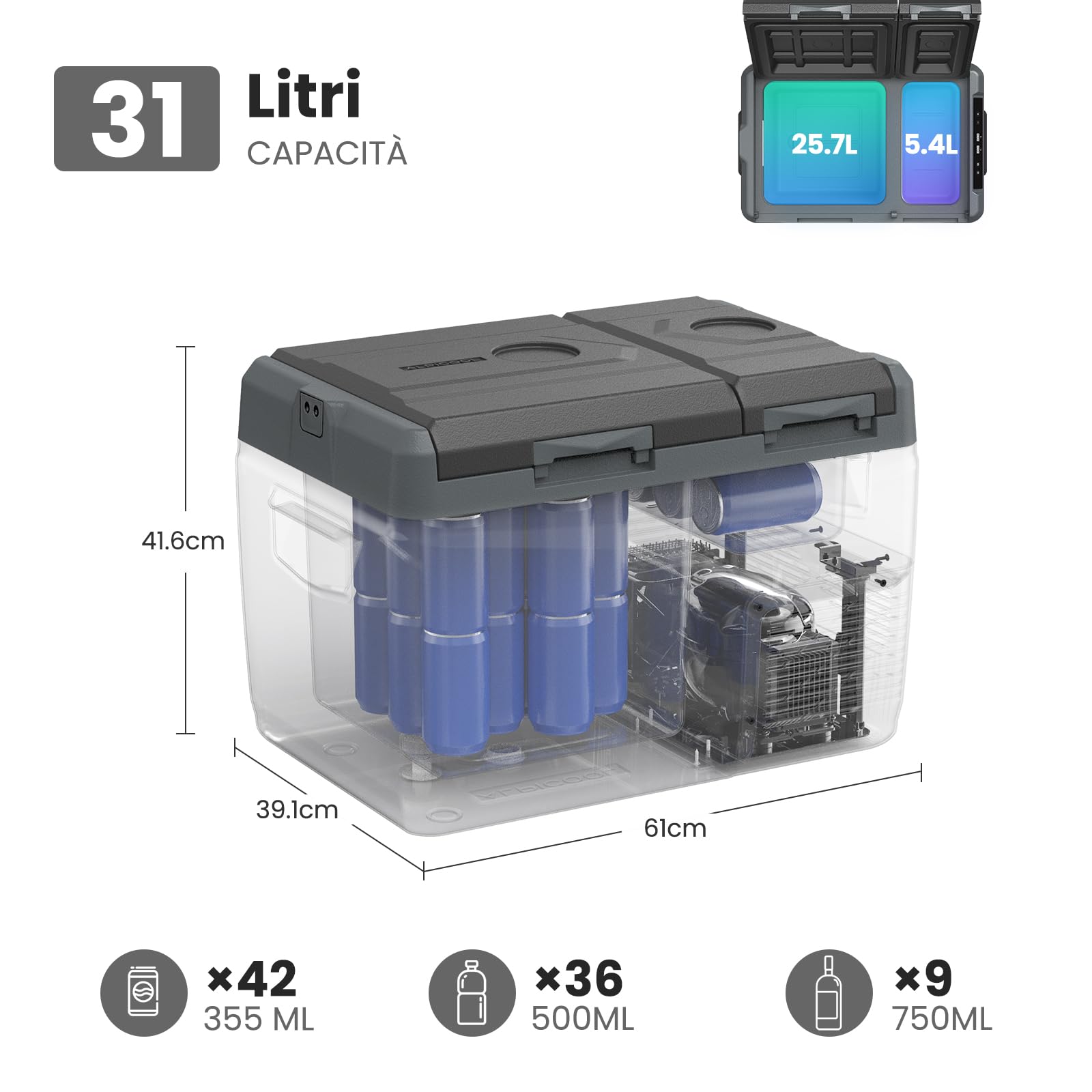 Alpicool KLS38 Frigo per Auto 31L con APP, 2026 Doppia Zona Frigorifero Portatile Elettrico 12/24V DC 100~240 V AC,Frigo Portatile per Camion Viaggio Picnic,-20℃-20 ℃,con Scomparto Ghiaccio,Nera