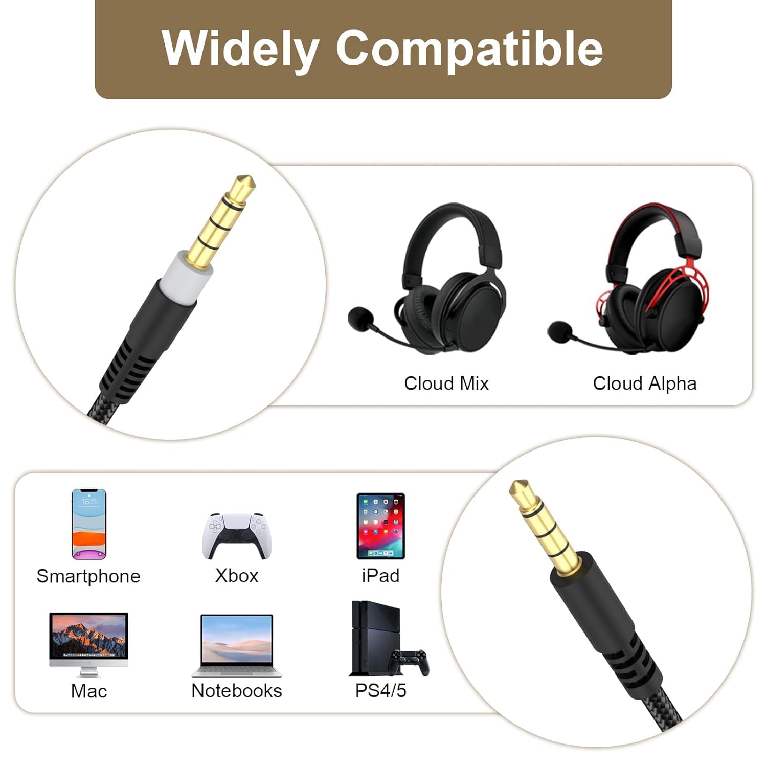 Kabel Aux Audio Cloud Alpha 3,5 mm, kompatybilny ze słuchawkami HyperX Kingston Cloud Alpha i Cloud Mix, 5 stóp (bez mikrofonu)